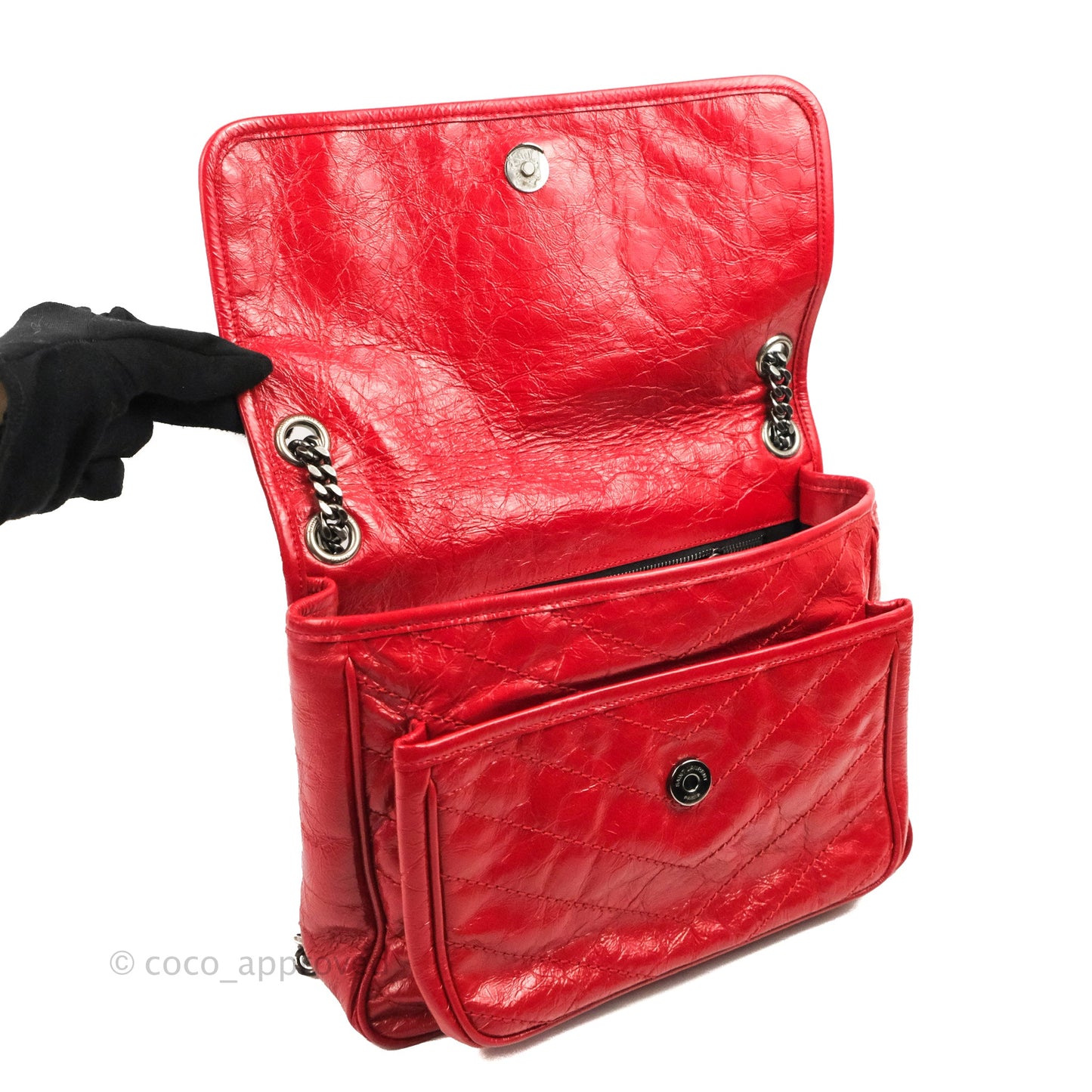 Saint Laurent Medium Crinkled Calfskin Matelasse Monogram Niki Chain Satchel Red Ruthenium Hardware