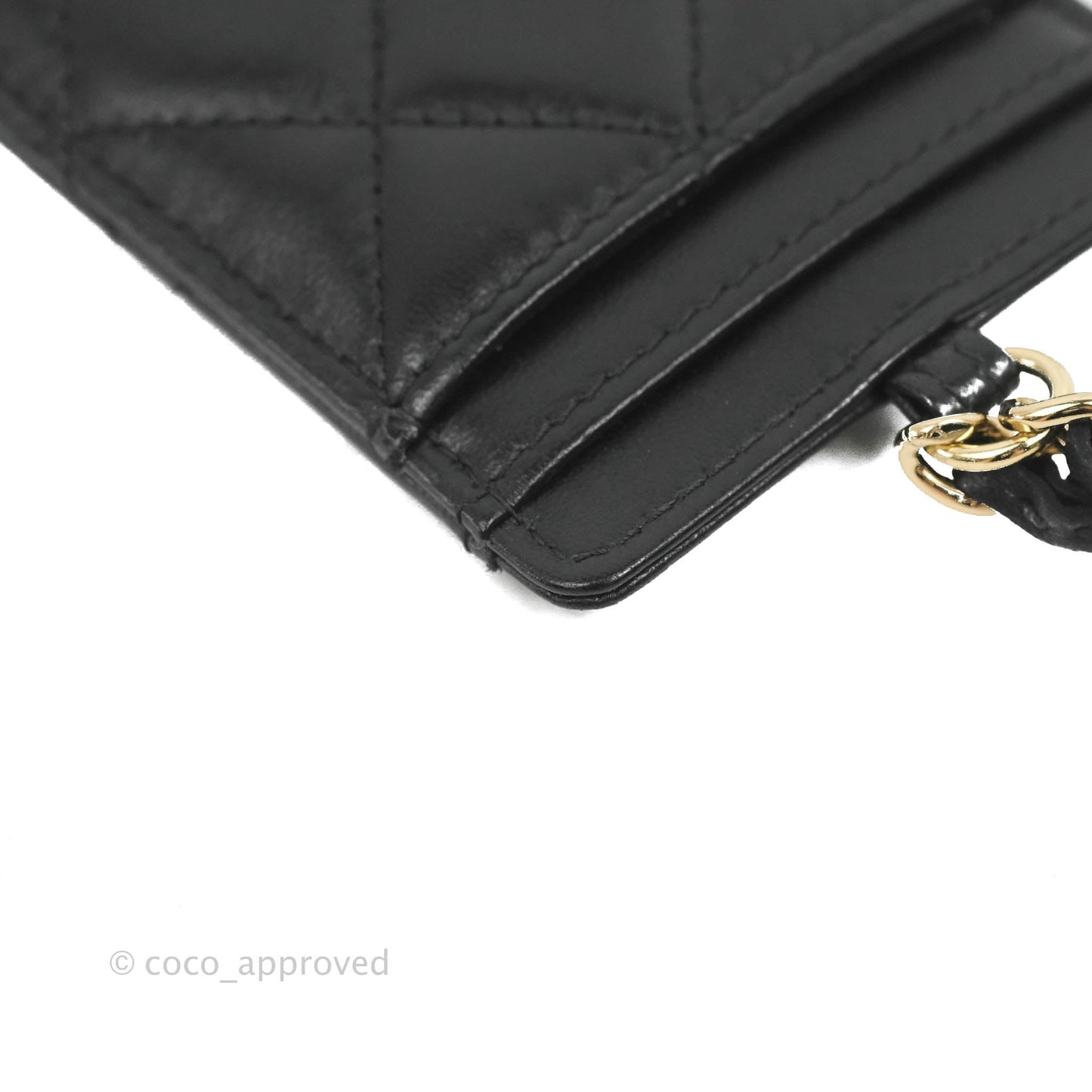 Chanel Quilted Chain Camellia Card Holder Black Lambskin Gold Hardware