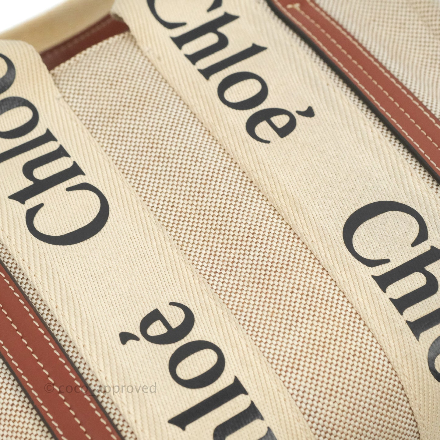 Chloe Small Woody Tote Bag Cotton Canvas & Brown Calfskin with Woody Ribbon