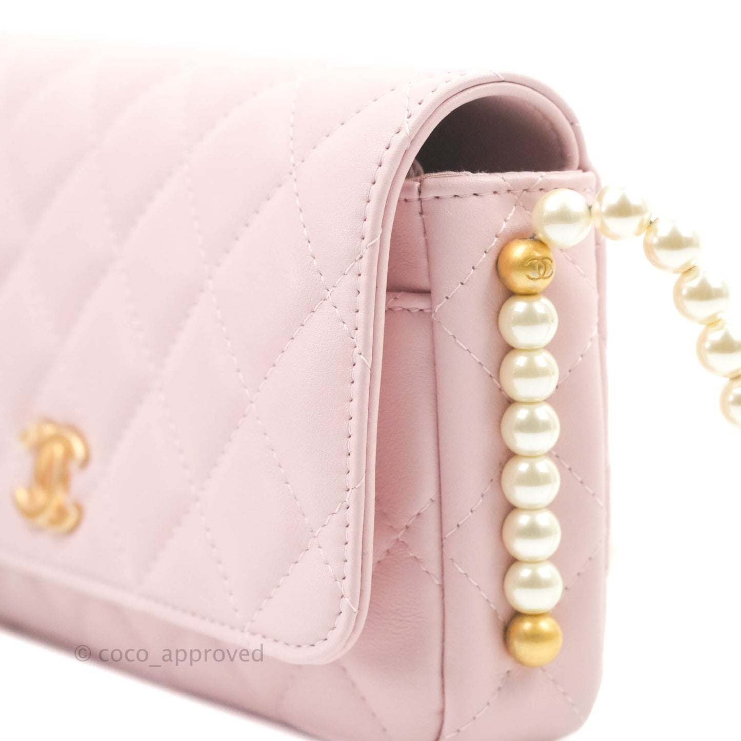 Chanel Quilted Wallet On Chain WOC With Pearl Chain Pink Aged Gold Hardware