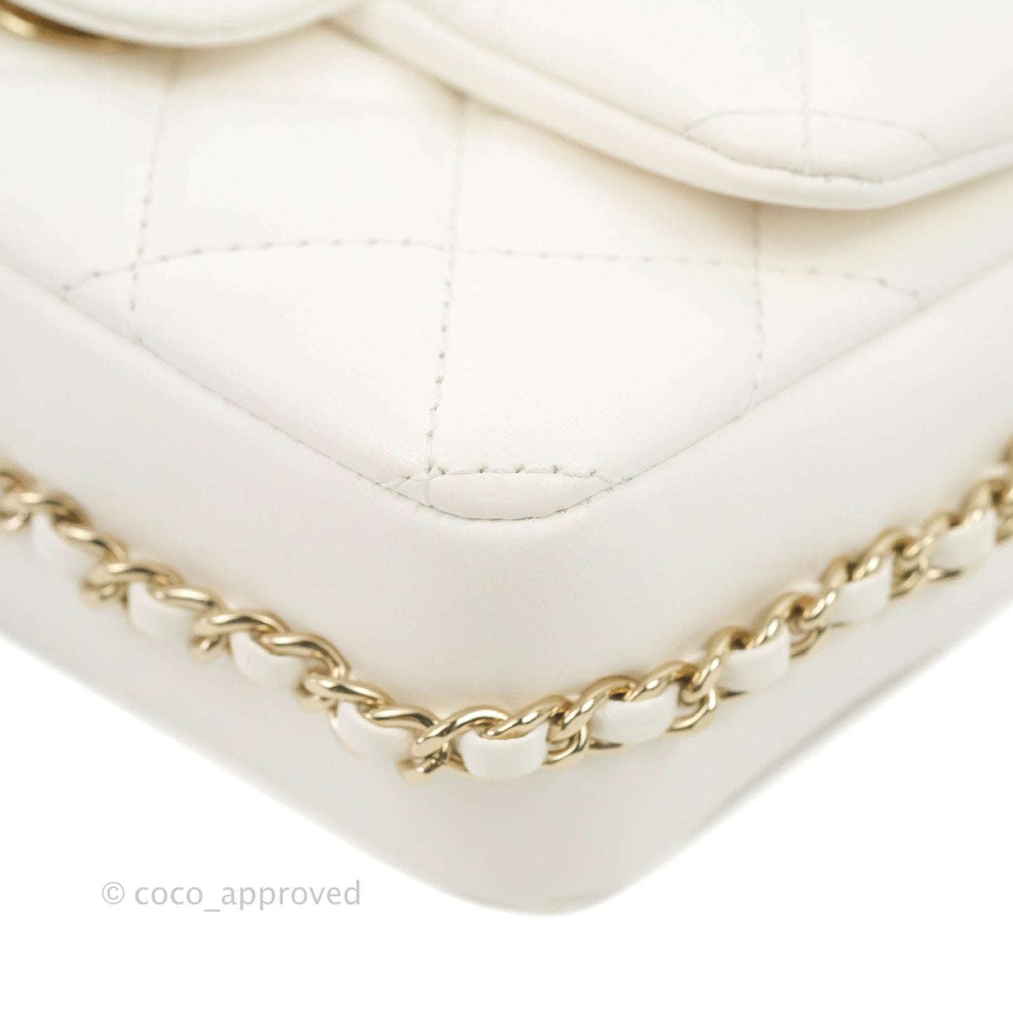 Chanel Small Logo Pearl Chain Flap Bag White Lambskin Gold Hardware