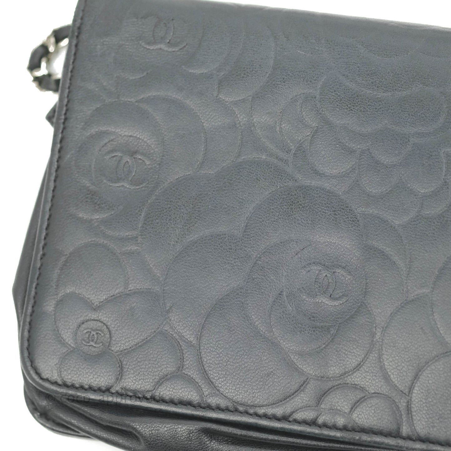 Chanel Camellia Wallet on Chain WOC Black Lambskin Silver Hardware