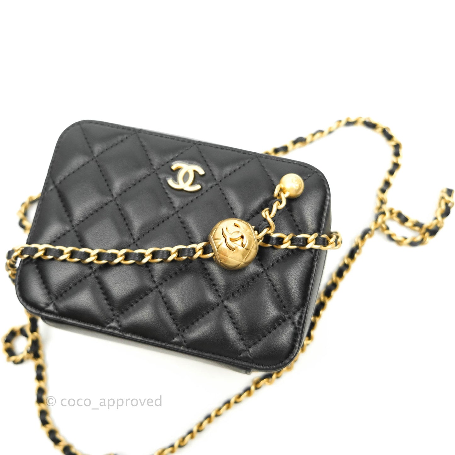 Chanel Mini Pearl Crush Quilted Camera Case Black Lambskin Aged Gold Hardware