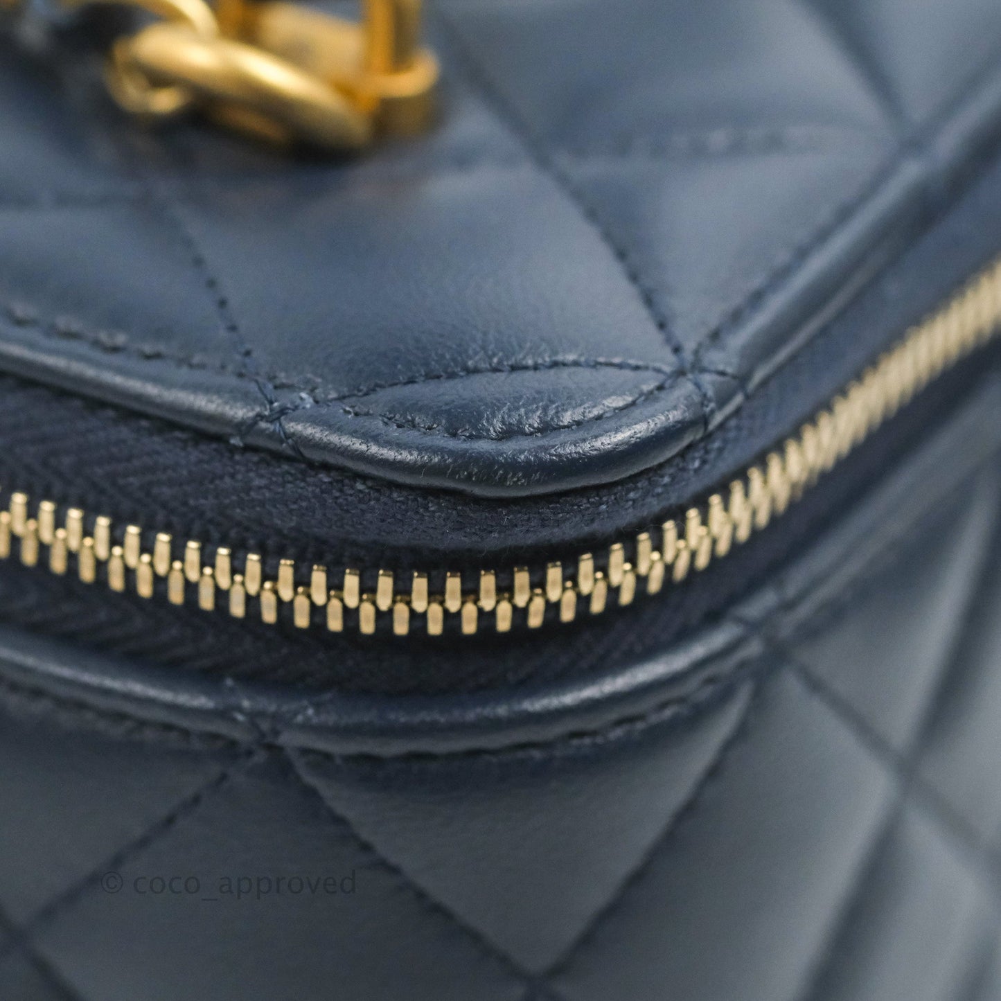 Chanel Vanity Rectangular Metal Top Handle Navy Lambskin Aged Gold Hardware 22B
