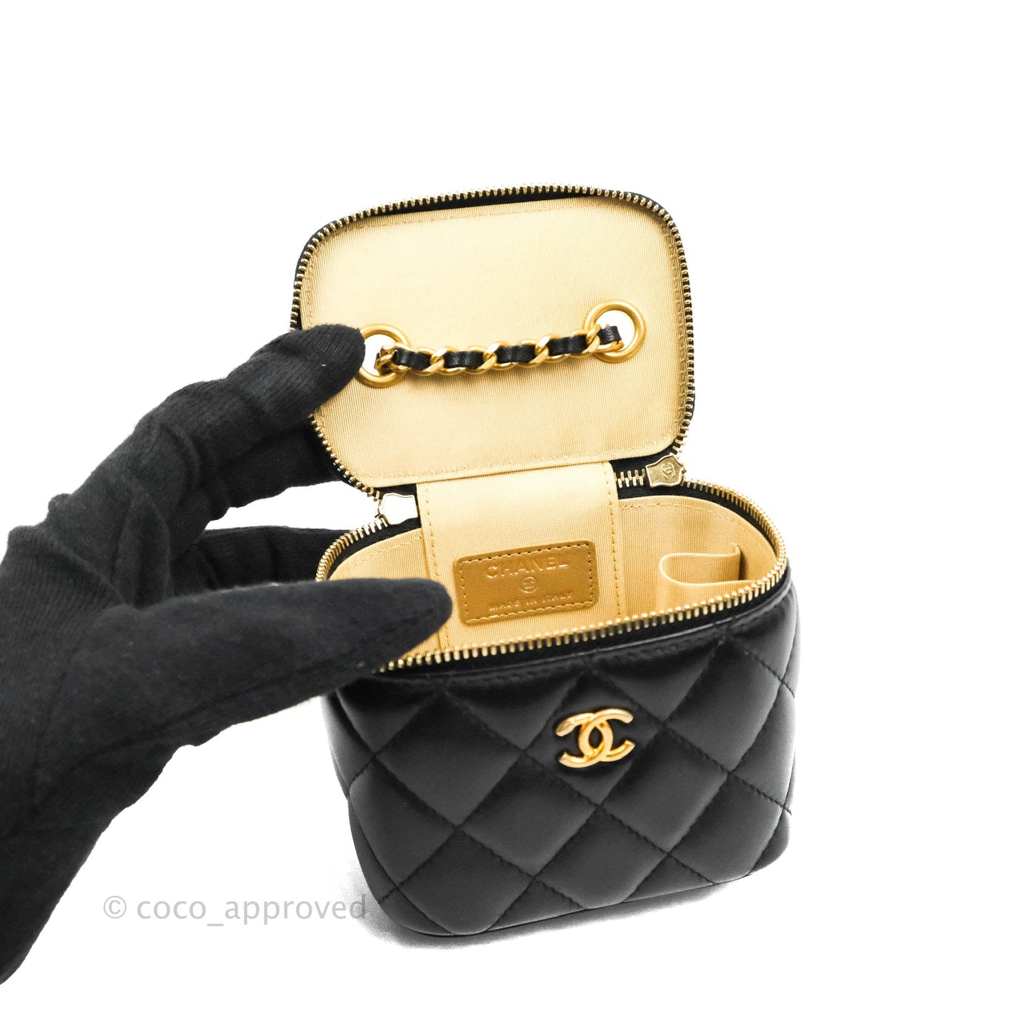 Chanel Classic Mini Pearl Crush Vanity With Chain Black Lambskin Aged Gold Hardware