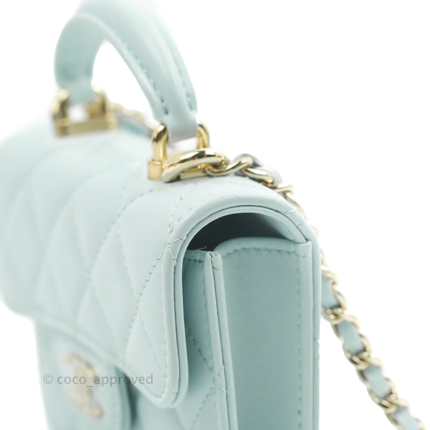 Chanel Mini Handle Flap Coin Purse With Chain Light Blue Lambskin Gold Hardware