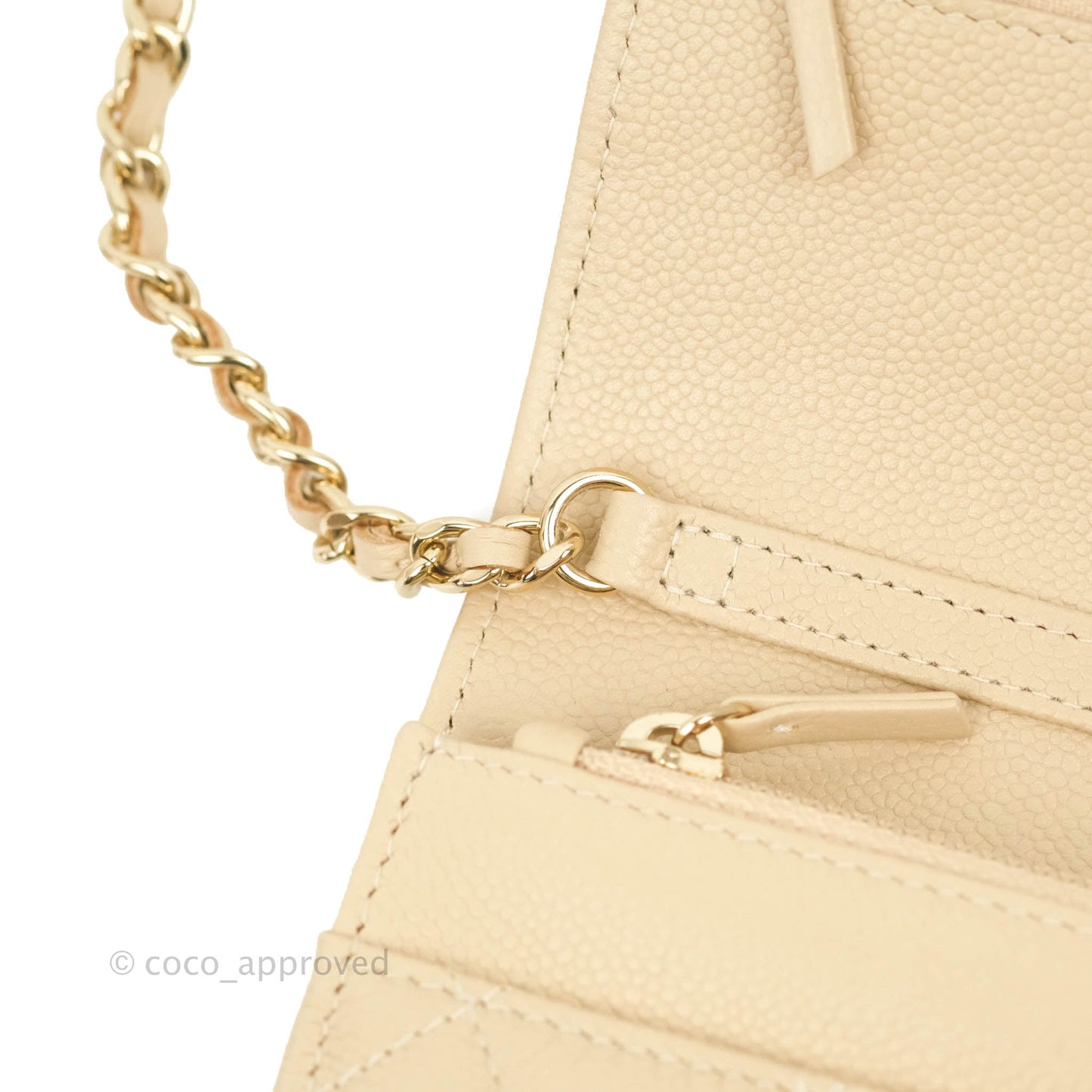 Chanel Quilted Wallet on CC Chain WOC Beige Caviar Gold Hardware