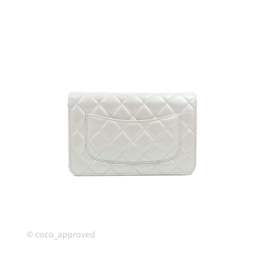 Chanel Quilted Classic Wallet on Chain WOC Iridescent White Lambskin Gold Hardware