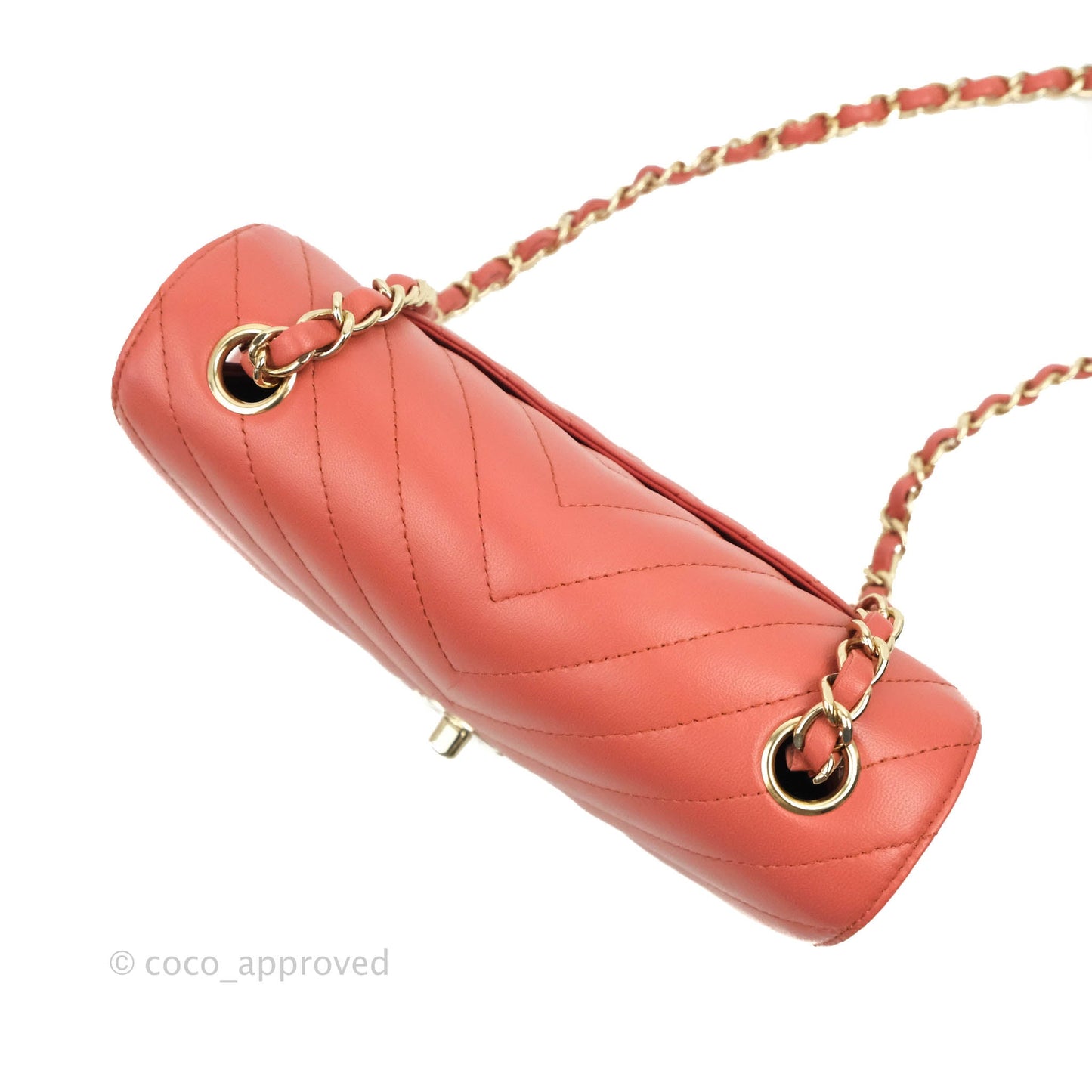 Chanel Chevron Mini Rectangular Flap Brick Red Lambskin Aged Gold Hardware