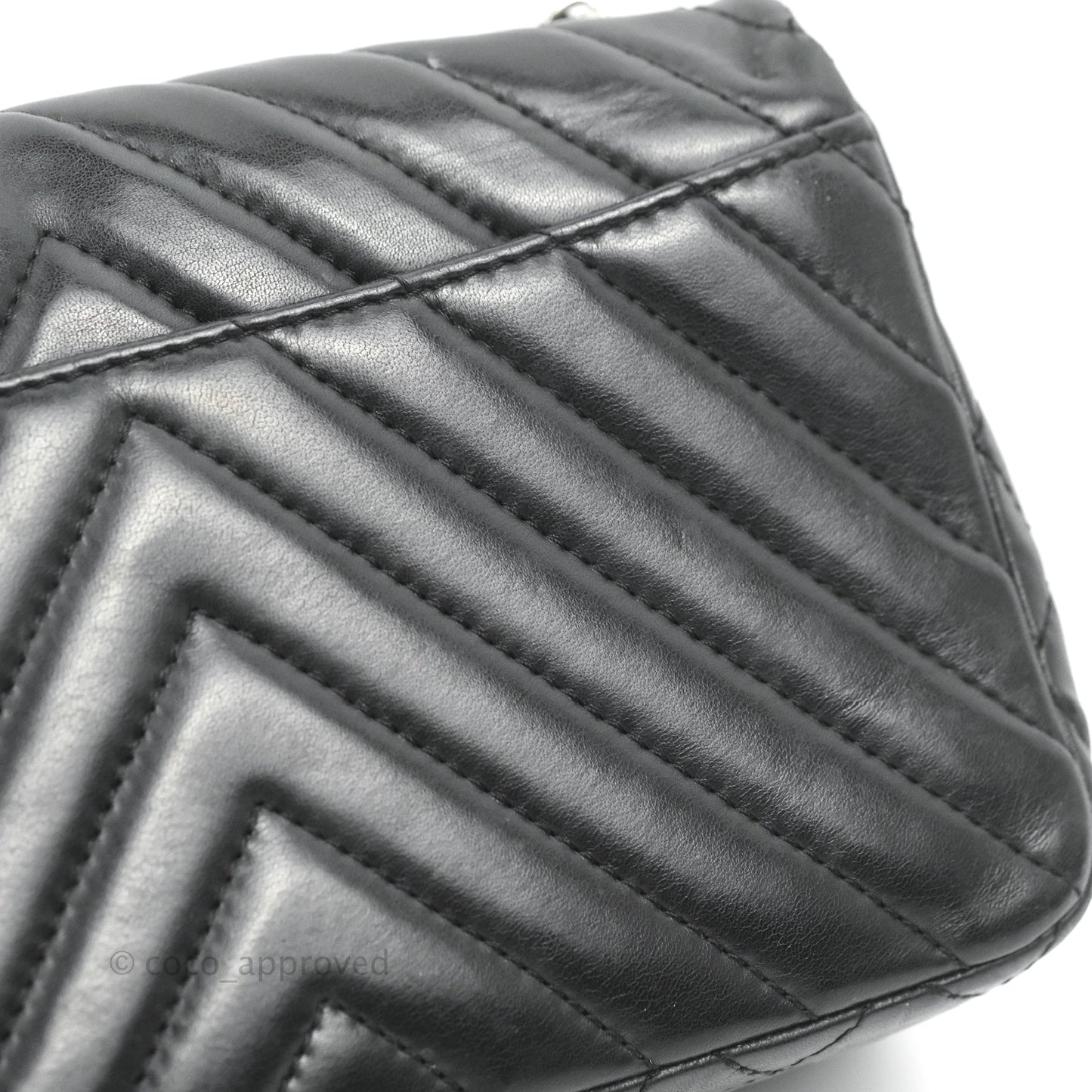 Chanel Quilted Large Single Flap Chevron Black Lambskin Silver Hardware