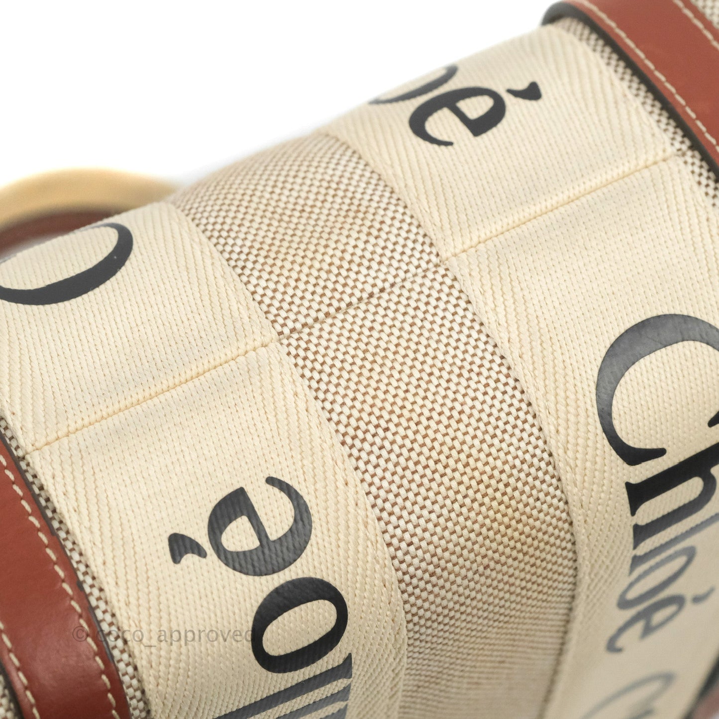 Chloe Small Woody Tote Bag Cotton Canvas & Brown Calfskin with Woody Ribbon