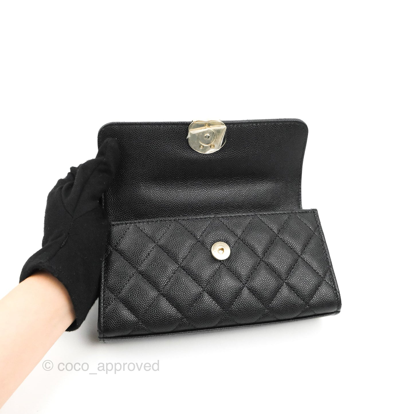 Chanel Top Handle Clutch with Chain Black Caviar Light Gold Hardware 23P