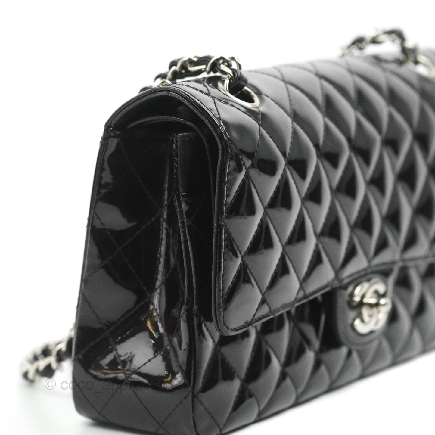 Chanel Classic M/L Medium Flap Quilted Black Patent Silver Hardware