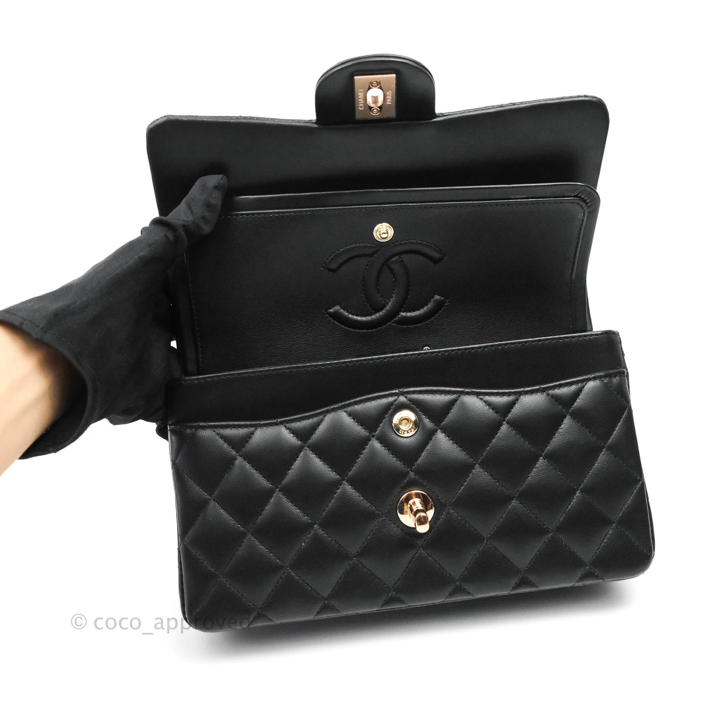 Chanel Classic Small S/M Flap Black Lambskin Rose Pink-Gold Hardware