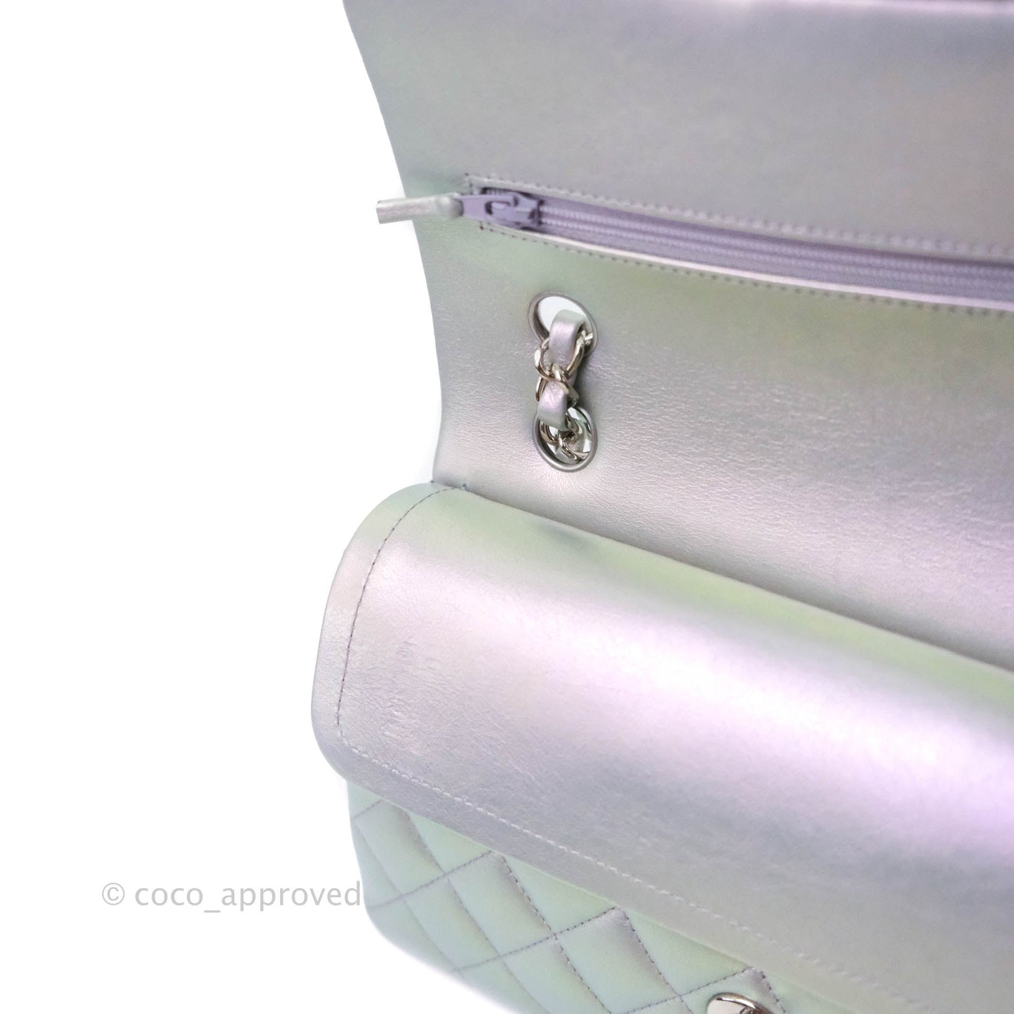 Chanel Small Classic Quilted Flap Metallic Iridescent White Lilac Silver Hardware