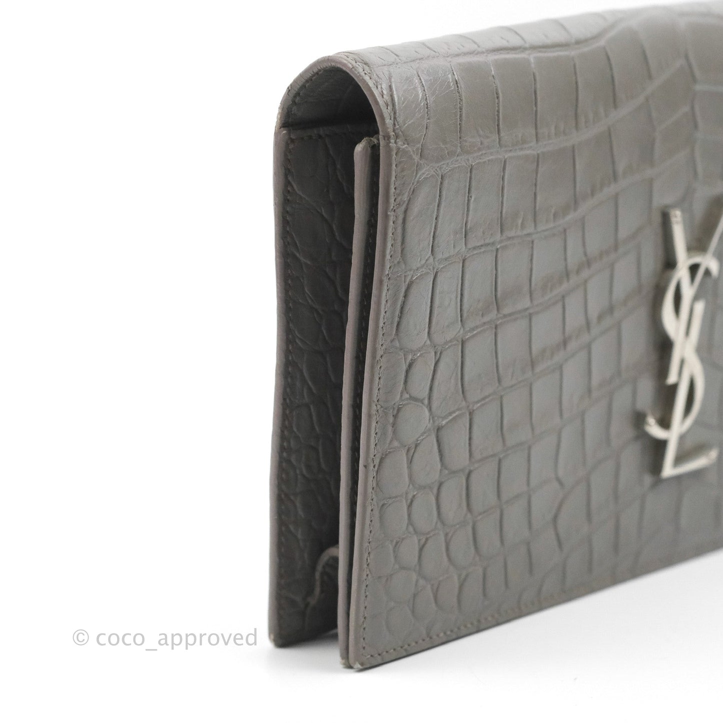 Saint Laurent Clutch Bag Grey Croc-Embossed Silver Hardware