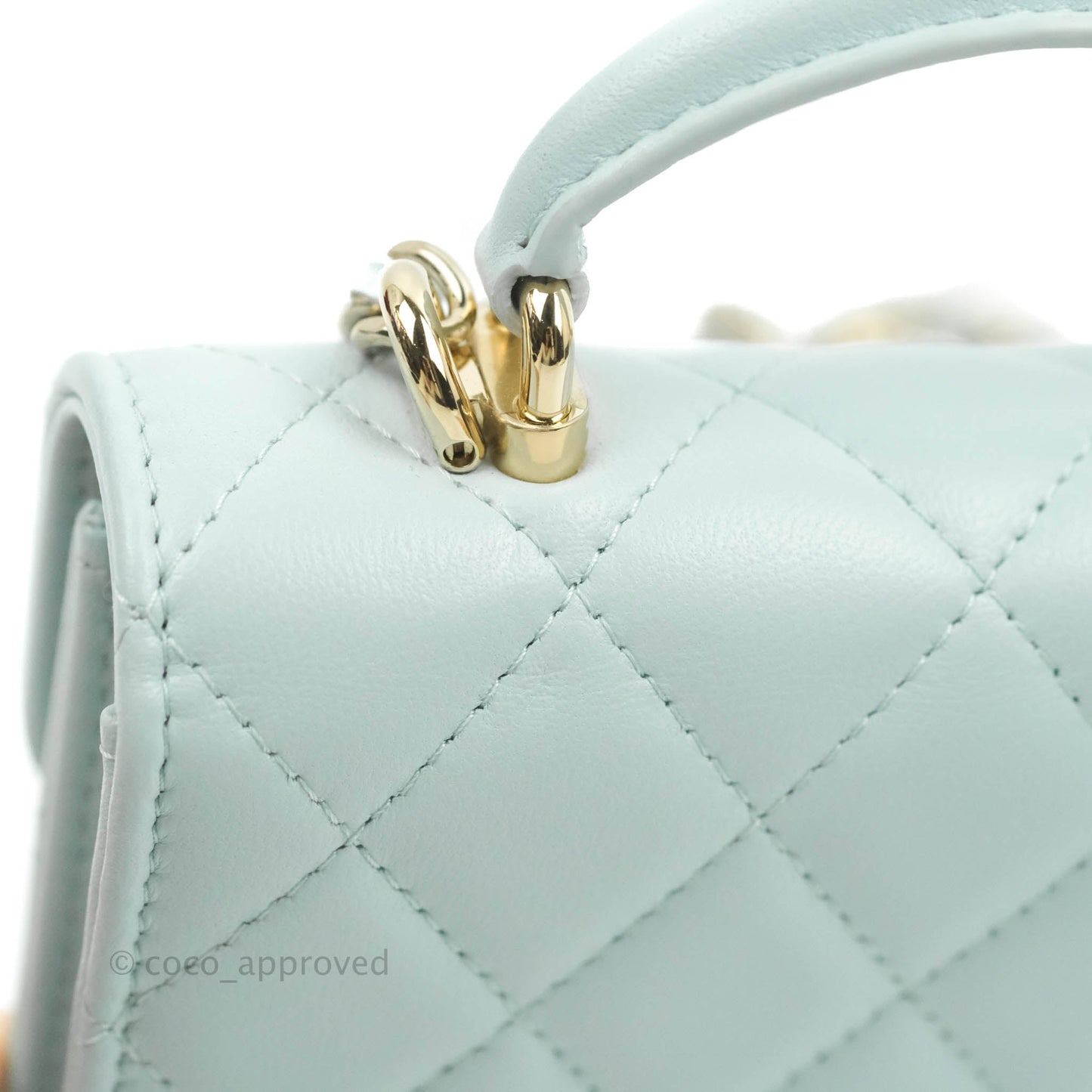Chanel Mini Handle Flap Coin Purse With Chain Light Blue Lambskin Gold Hardware