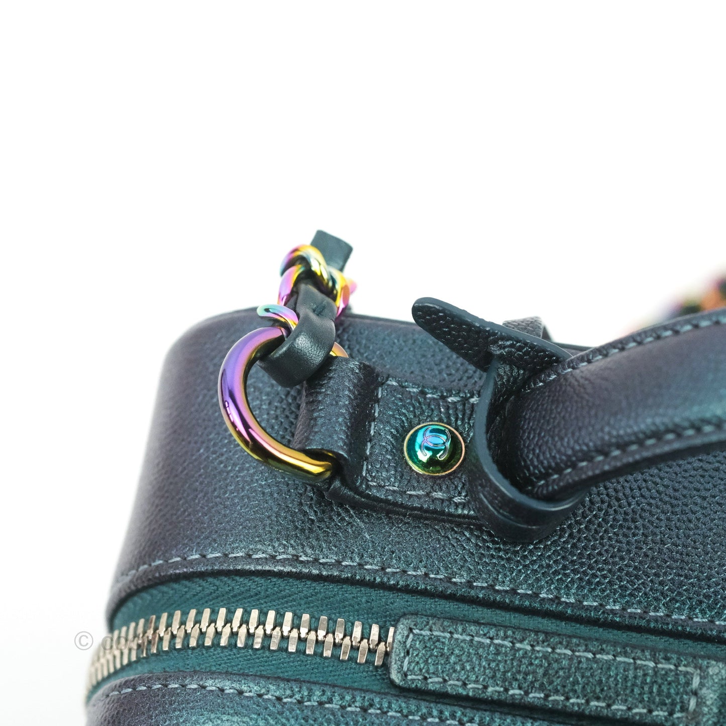 Chanel Quilted Medium CC Filigree Vanity Case Iridescent Dark Turquoise Caviar Rainbow Hardware