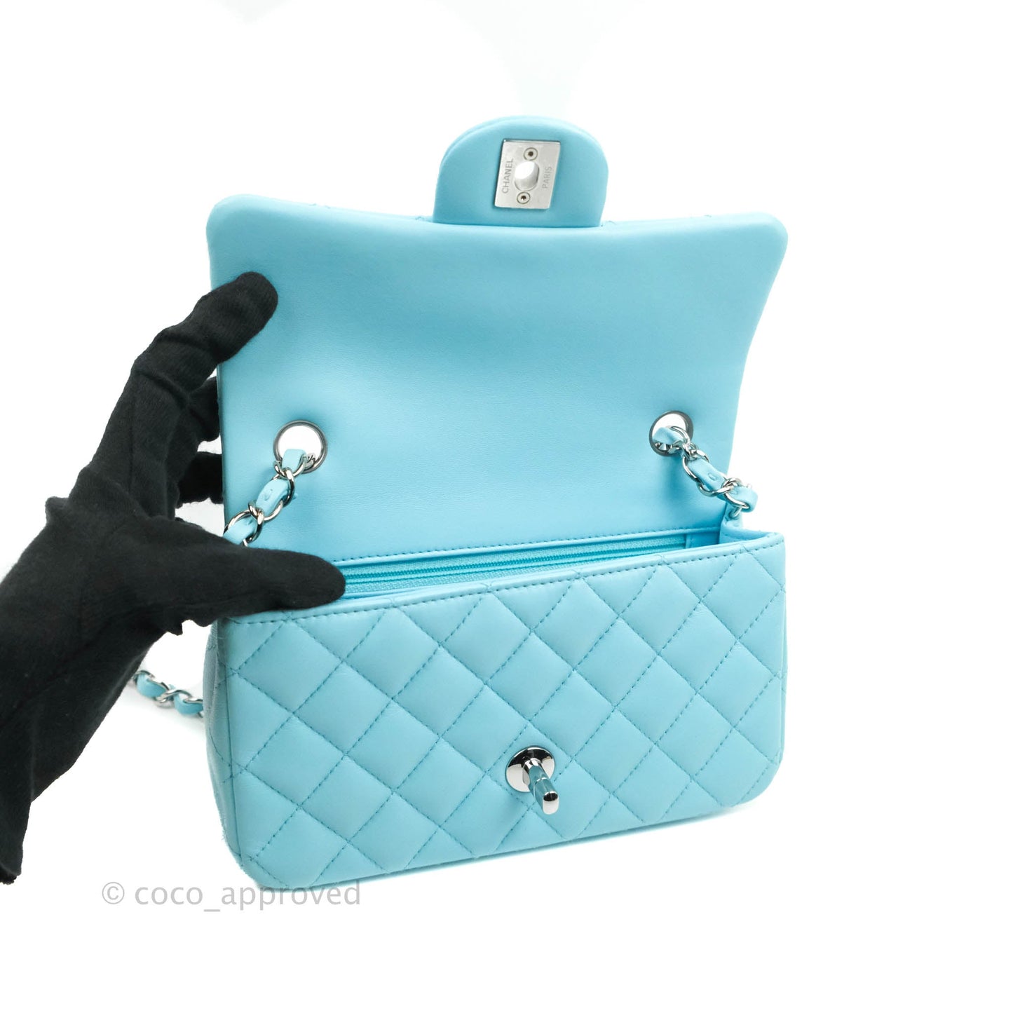 Chanel Quilted Mini Rectangular Flap Sky Neon Blue Silver Hardware 21S