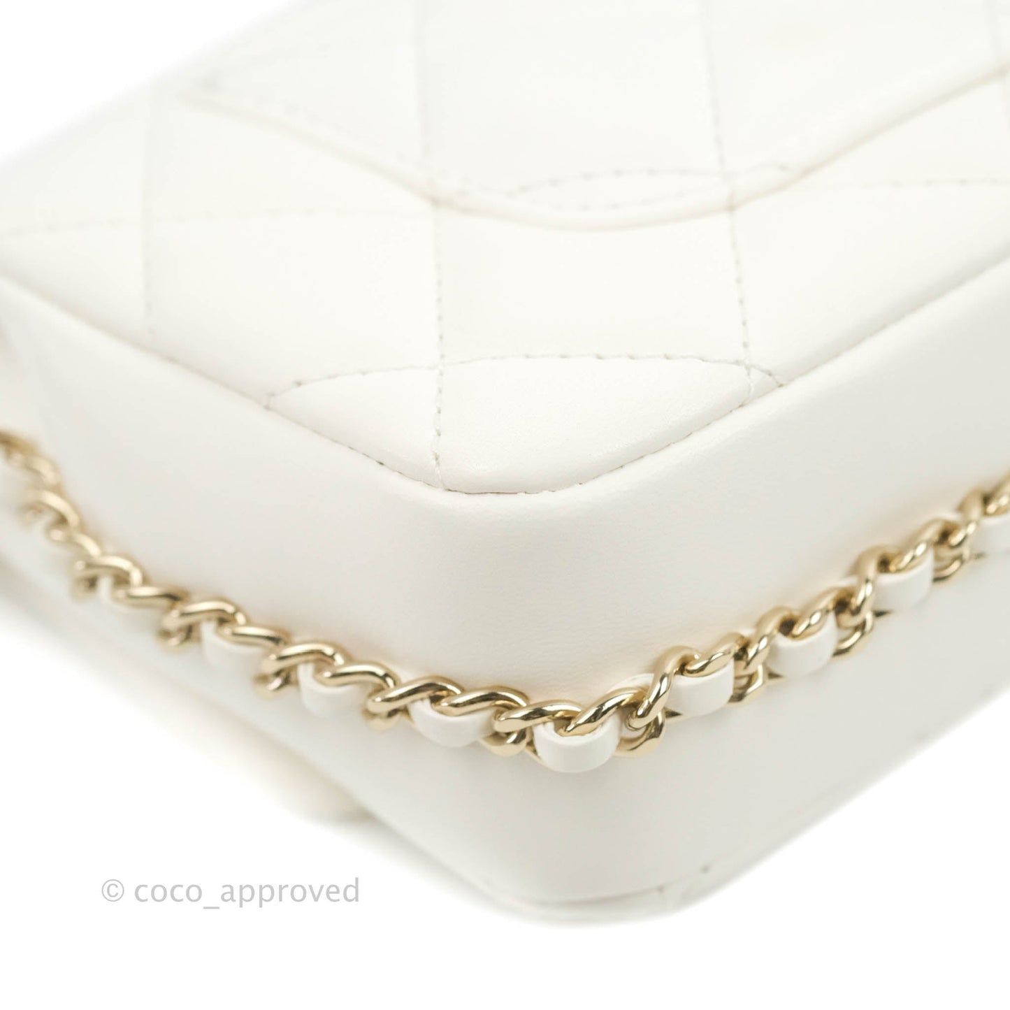 Chanel Small Logo Pearl Chain Flap Bag White Lambskin Gold Hardware
