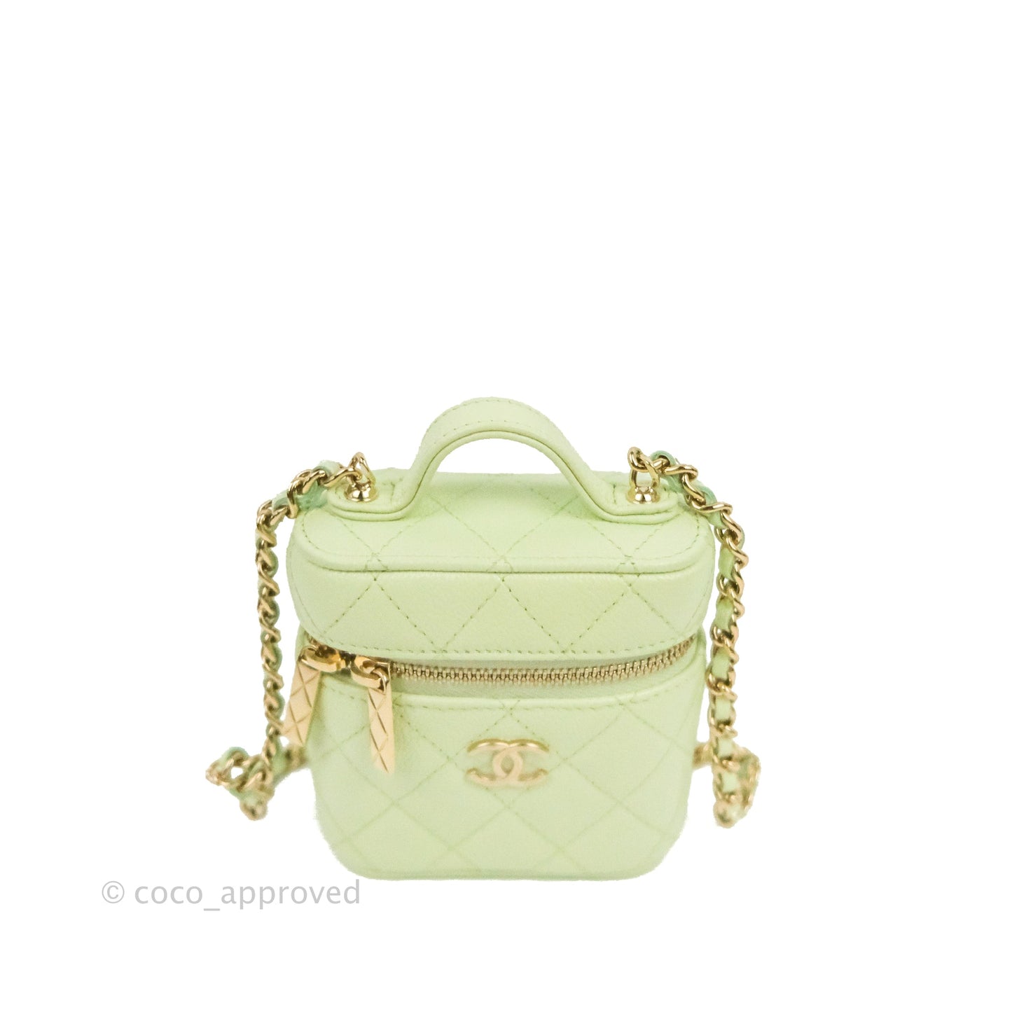 Chanel Quilted Small Handle With Care Vanity Case With Chain Green Caviar Gold Hardware