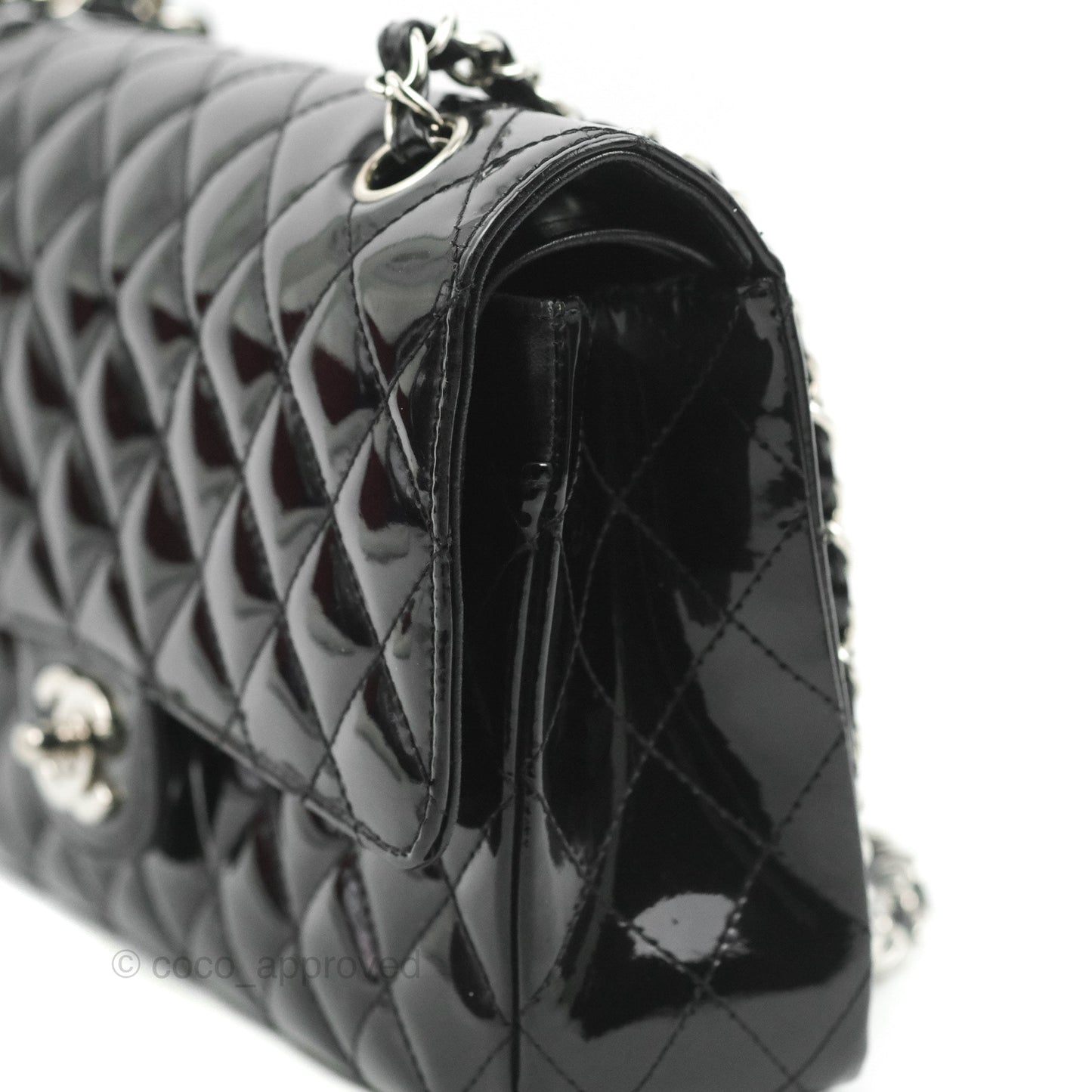Chanel Classic M/L Medium Flap Quilted Black Patent Silver Hardware