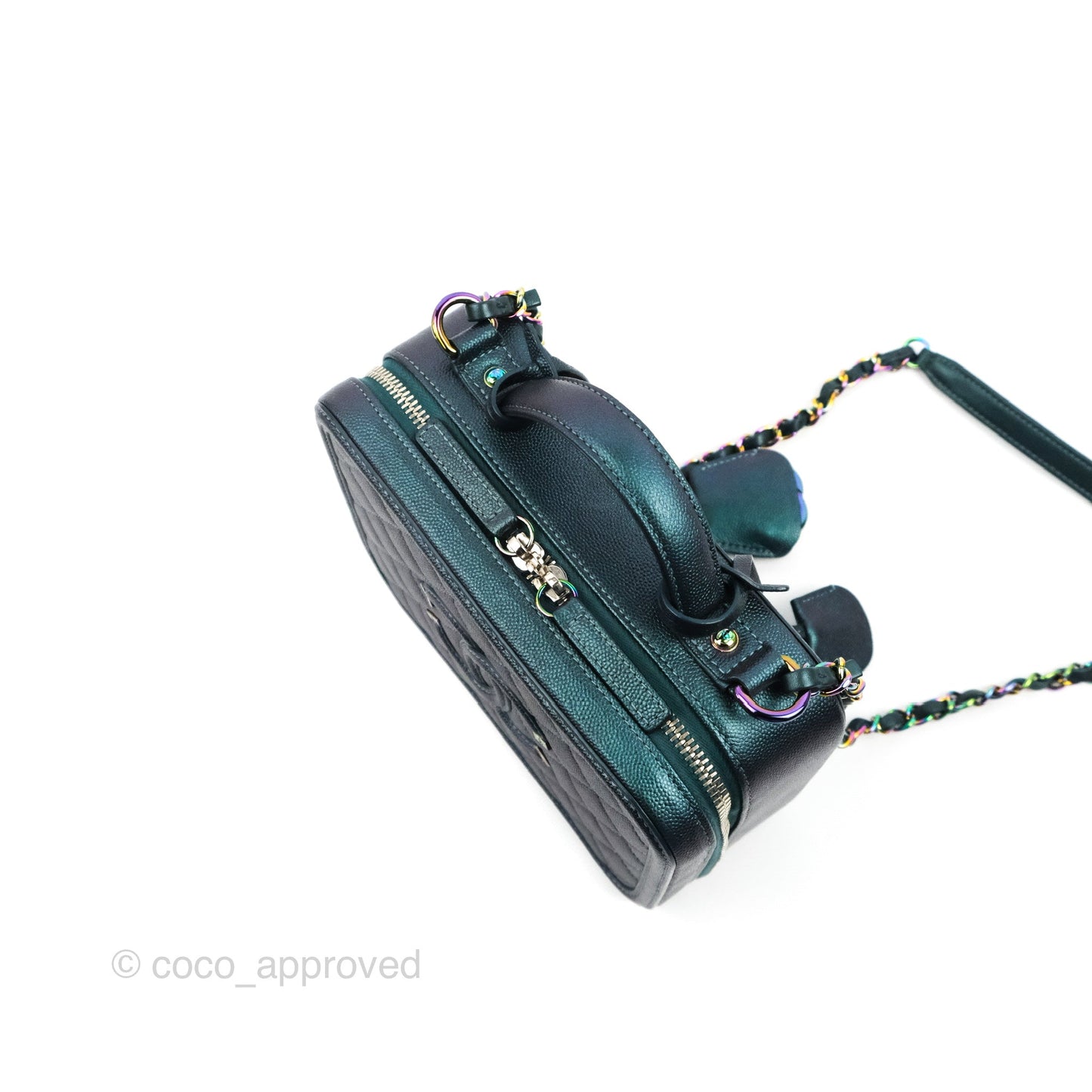 Chanel Quilted Medium CC Filigree Vanity Case Iridescent Dark Turquoise Caviar Rainbow Hardware