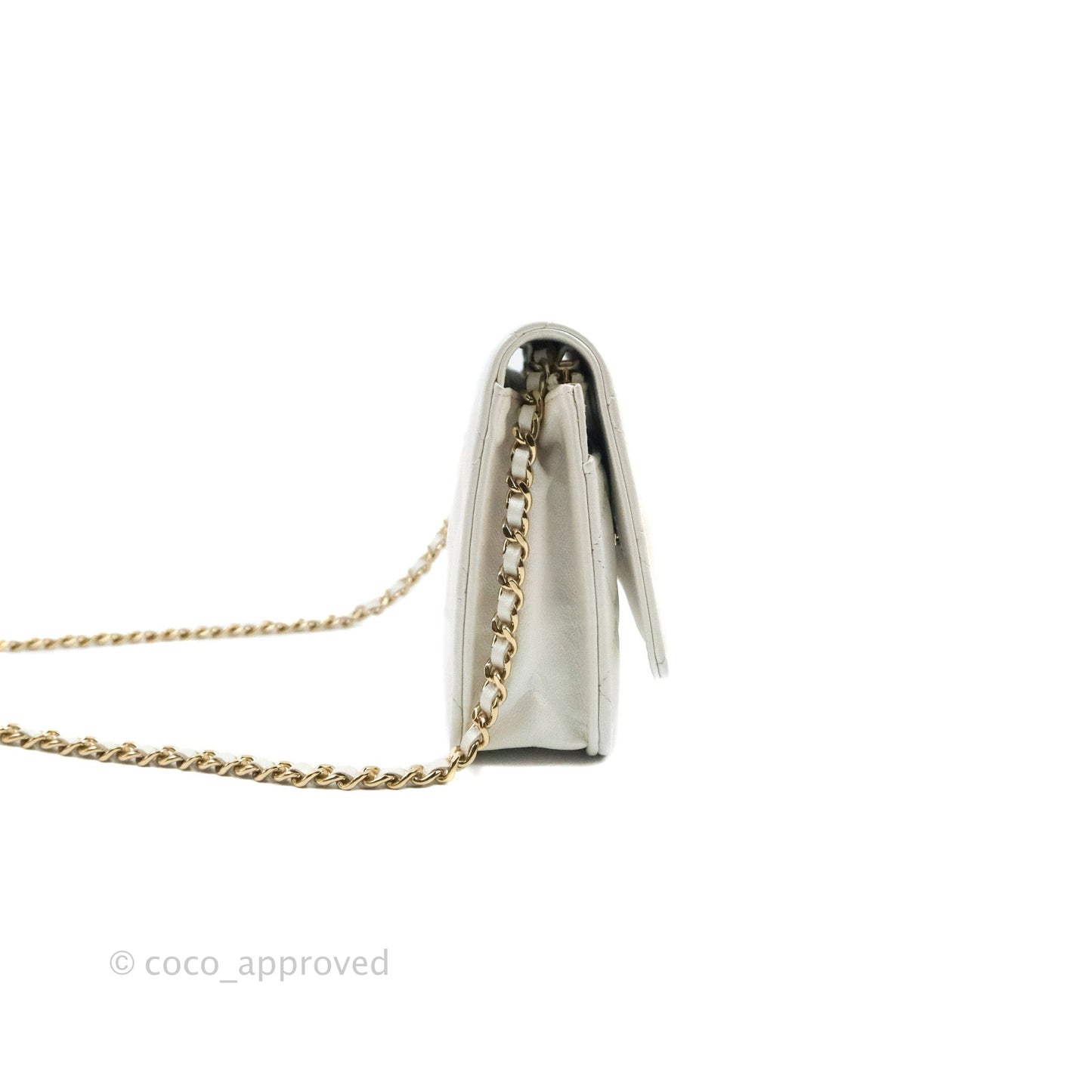 Chanel Quilted Classic Wallet on Chain WOC Iridescent White Lambskin Gold Hardware