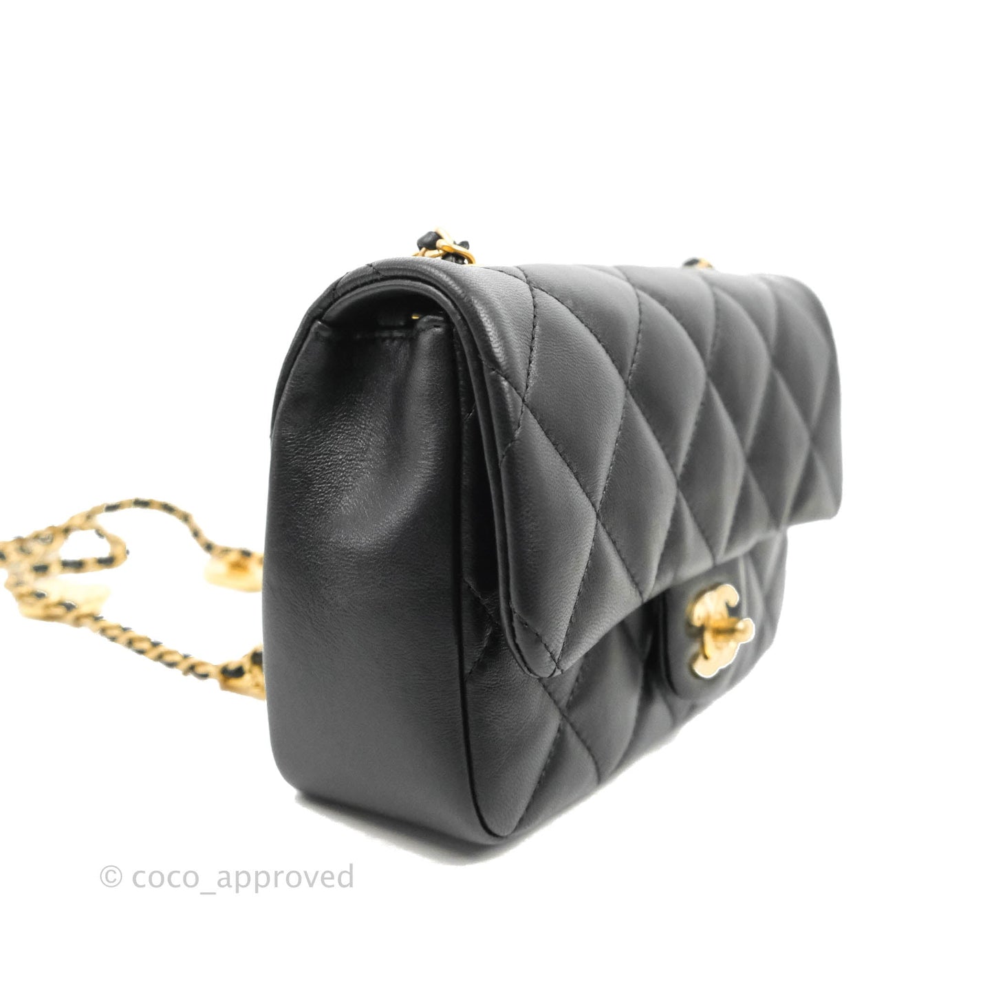 Chanel Mini Flap Bag With Heart CC Charm Black Lambskin Aged Gold Hardware