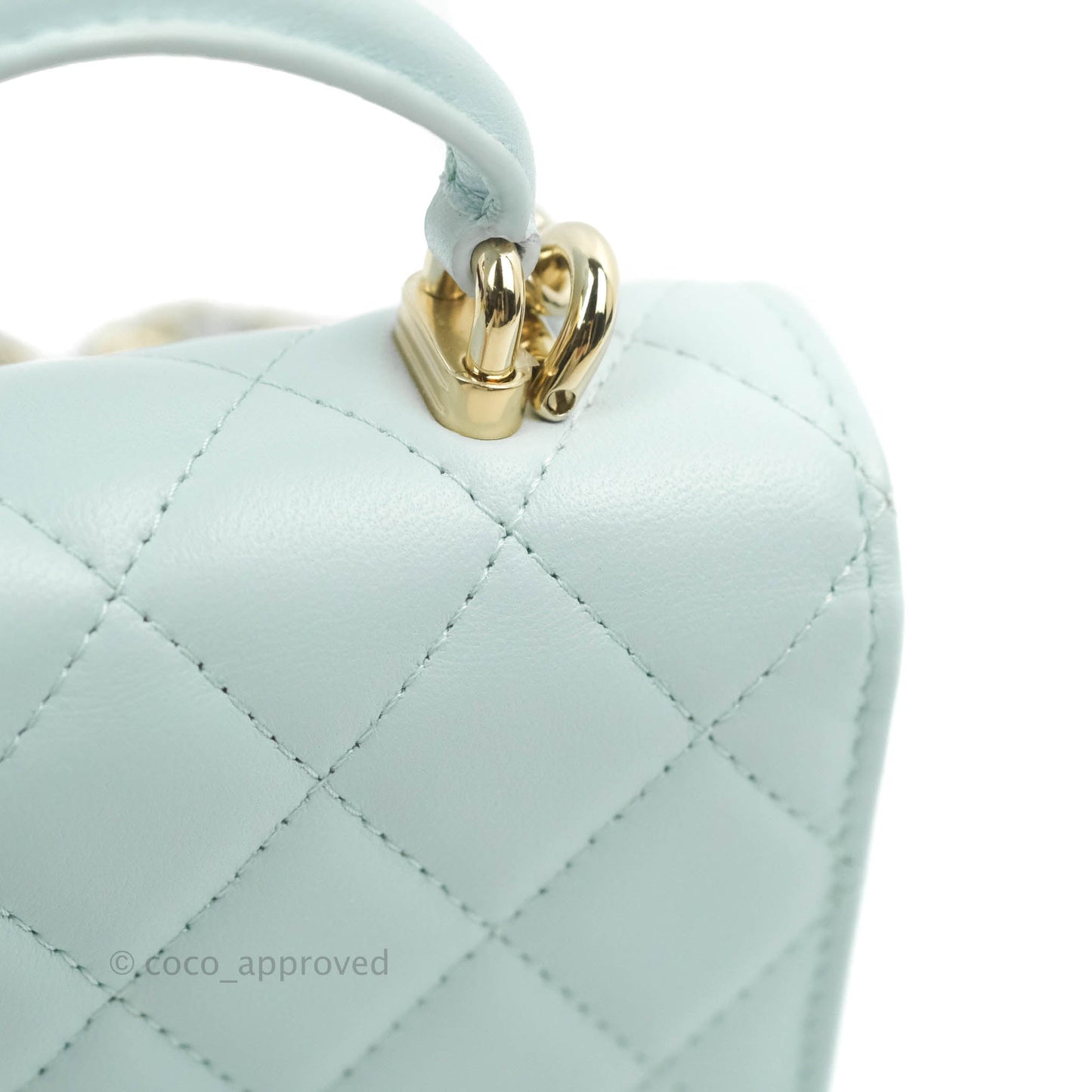Chanel Mini Handle Flap Coin Purse With Chain Light Blue Lambskin Gold Hardware