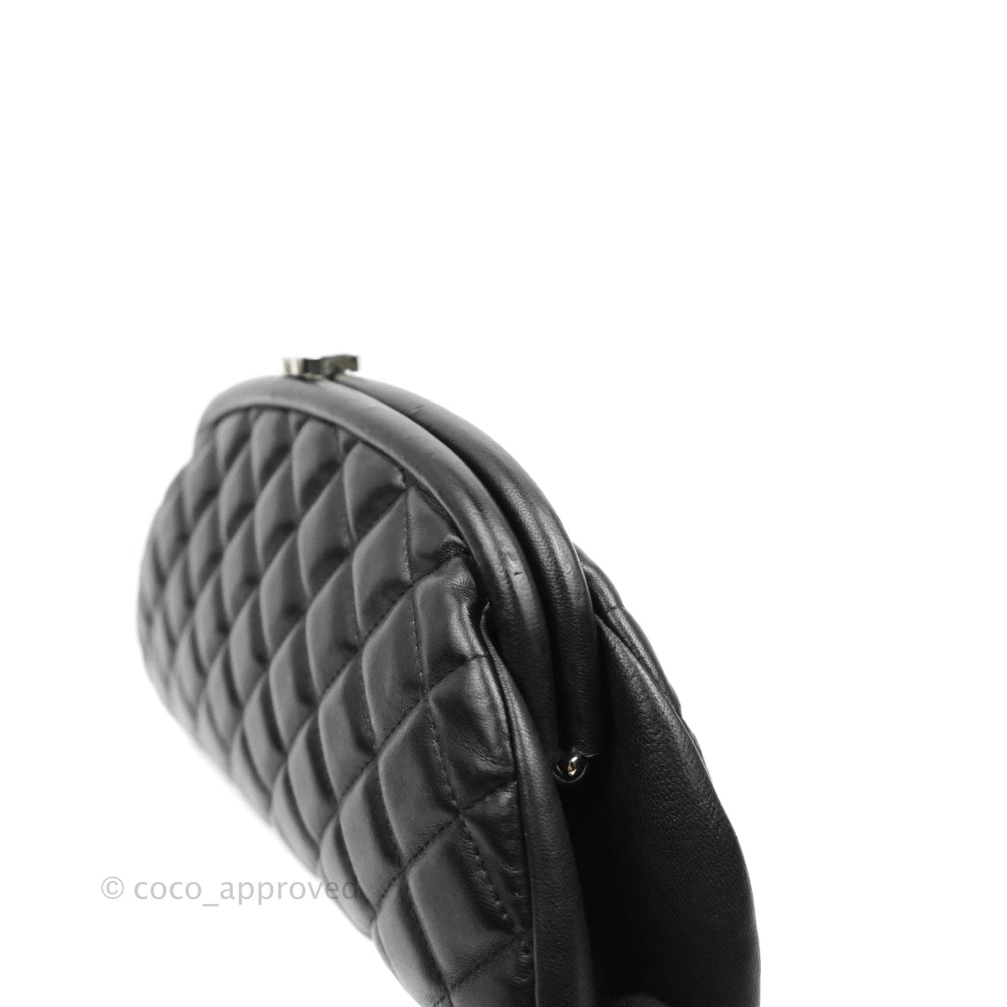 Chanel Quilted Timeless Kisslock Clutch Black Lambskin Silver Hardware