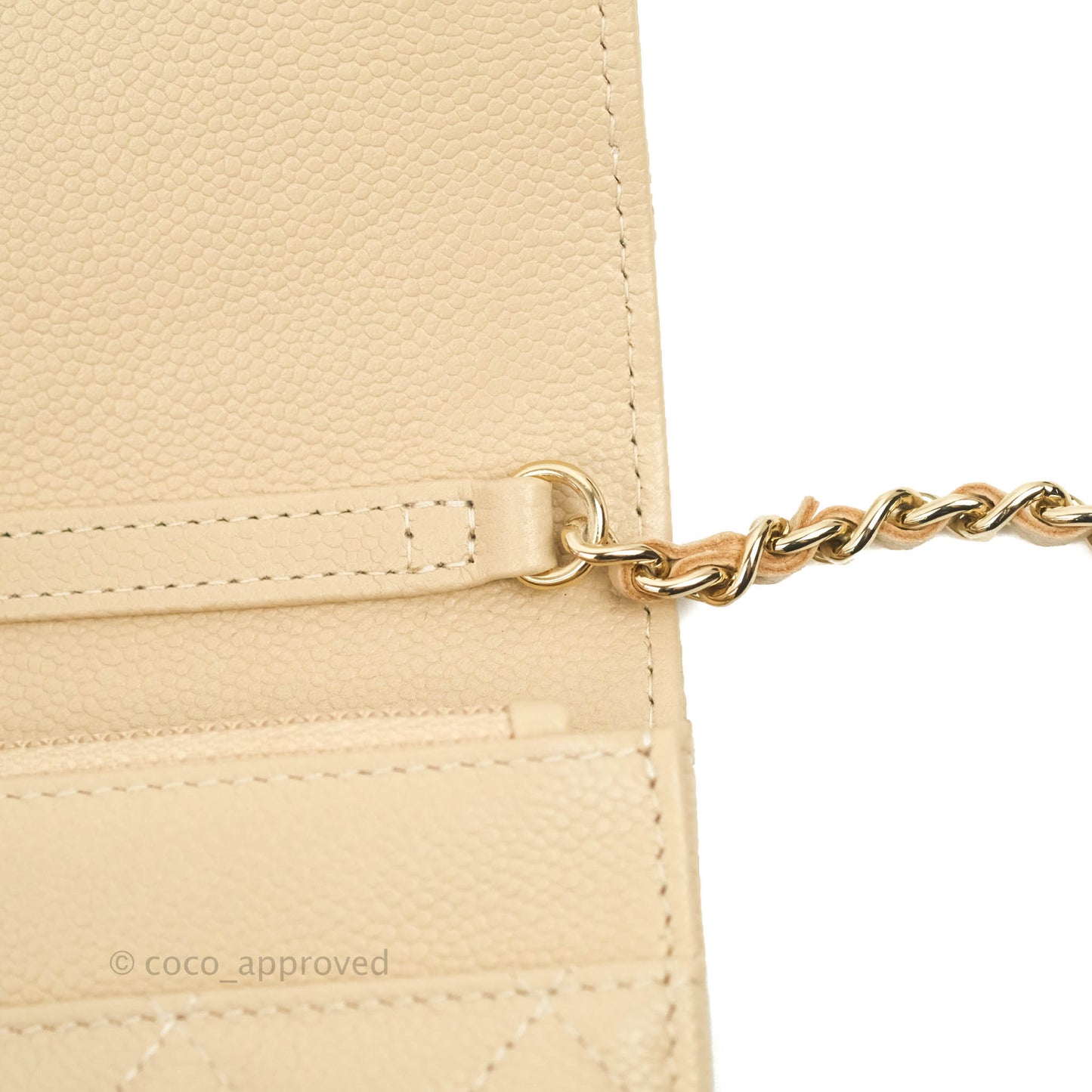Chanel Quilted Wallet on CC Chain WOC Beige Caviar Gold Hardware