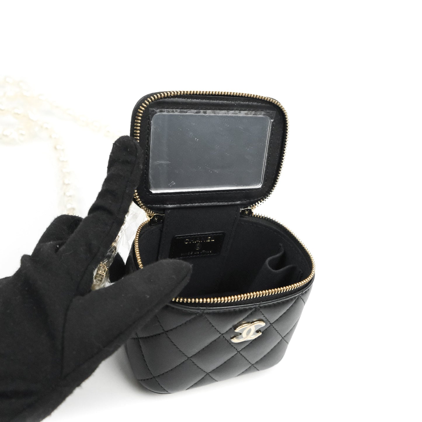 Chanel Mini Vanity With Pearl Chain Black Lambskin Gold Hardware