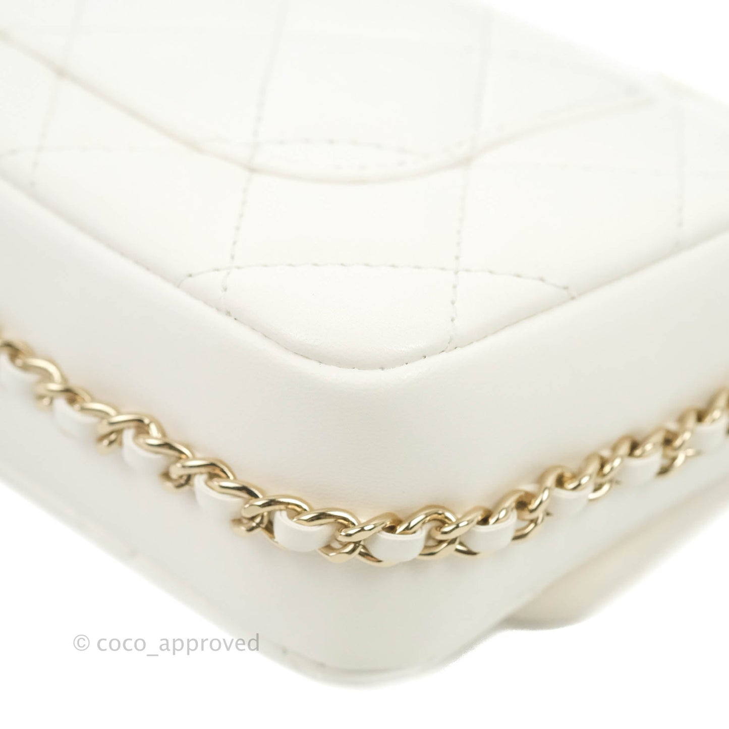 Chanel Small Logo Pearl Chain Flap Bag White Lambskin Gold Hardware