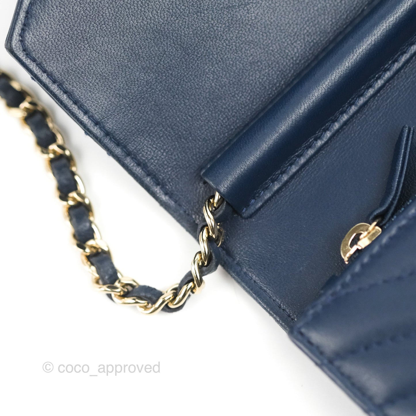 Chanel Square WOC Wallet On Chain Blue Lambskin Chevron Gold Hardware