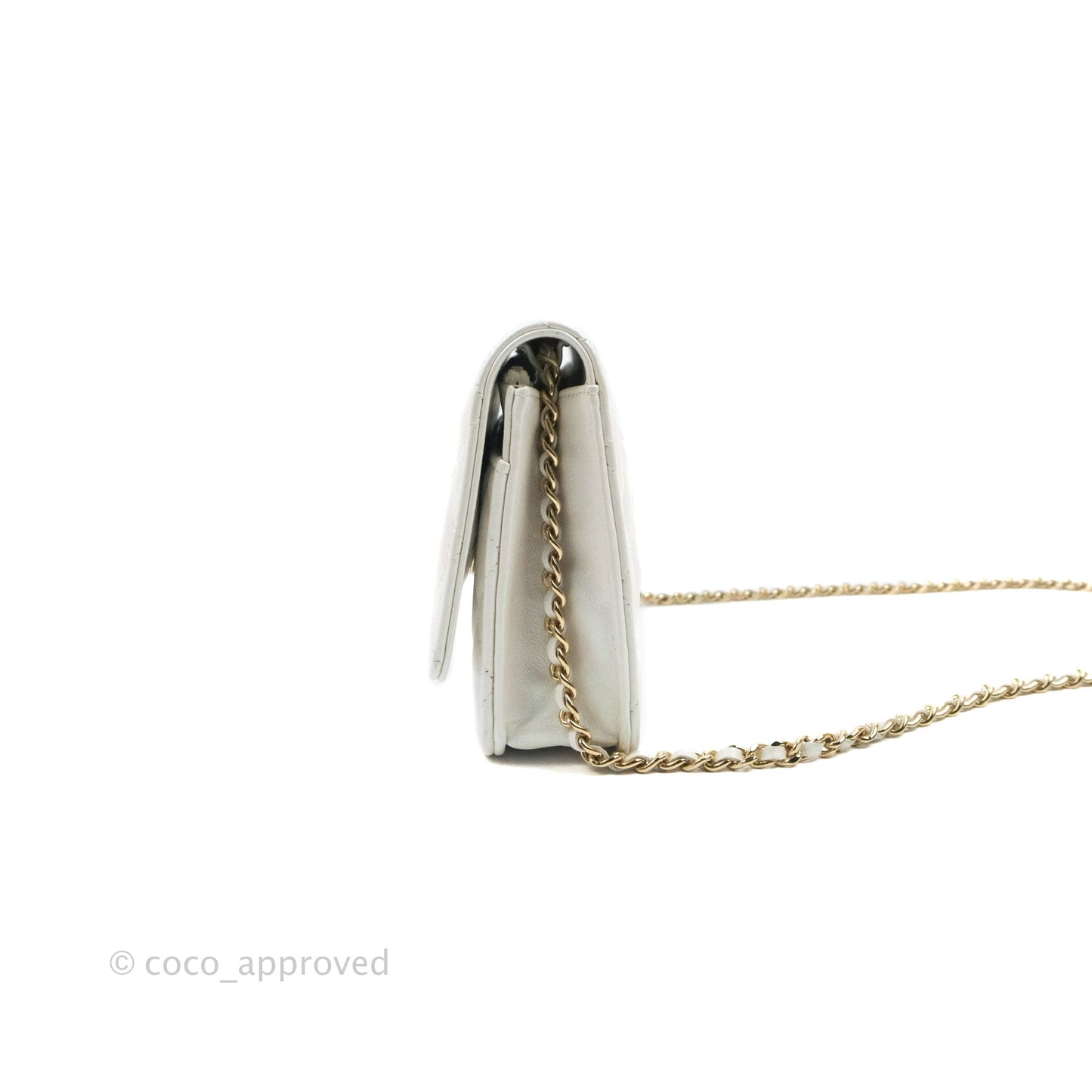 Chanel Quilted Classic Wallet on Chain WOC Iridescent White Lambskin Gold Hardware