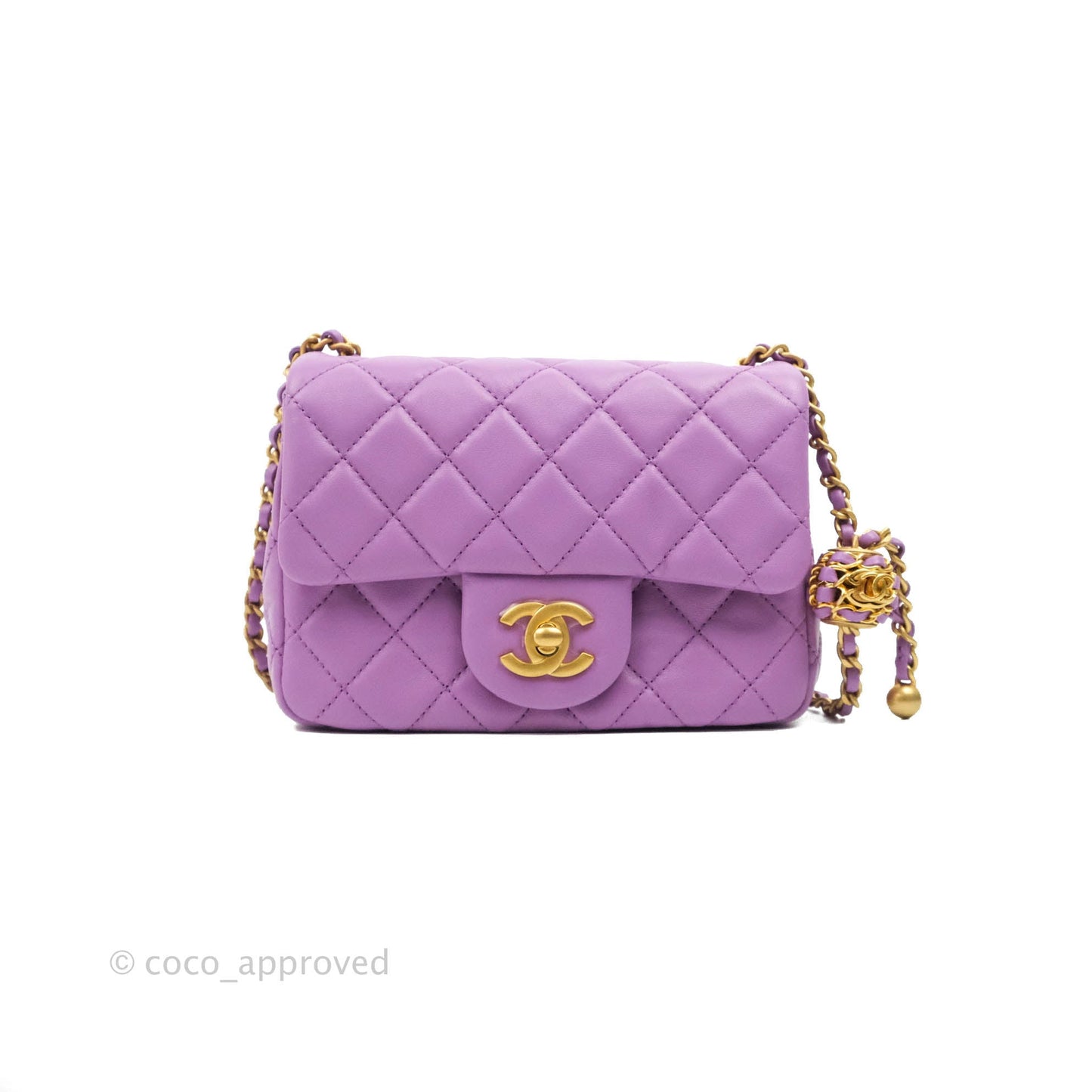 Chanel Mini Square Pearl Crush Quilted Purple Lambskin Aged Gold Hardware