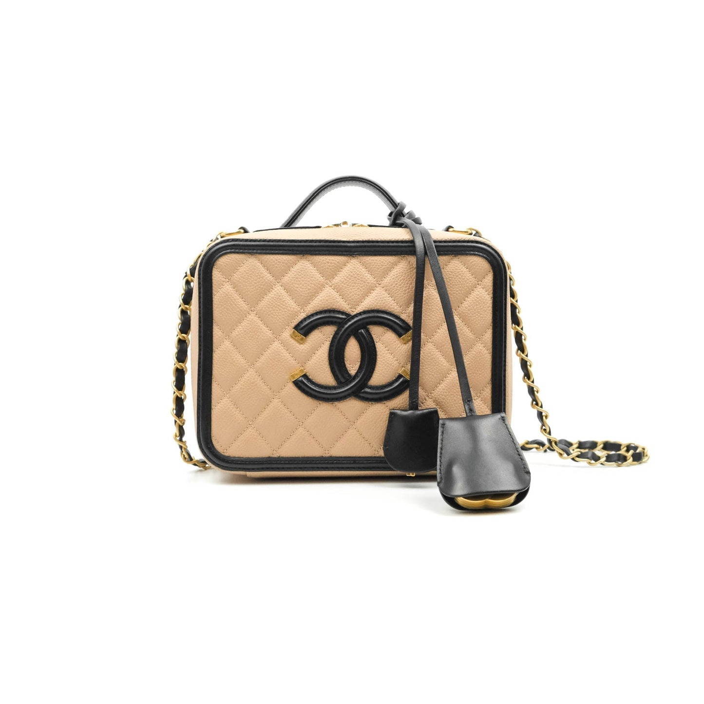 Chanel Quilted Medium CC Filigree Vanity Case Beige Caviar Gold Hardware