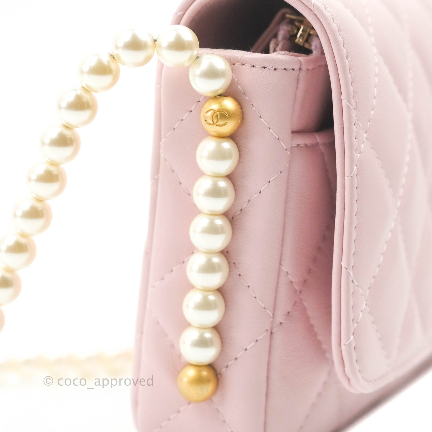 Chanel Quilted Wallet On Chain WOC With Pearl Chain Pink Aged Gold Hardware