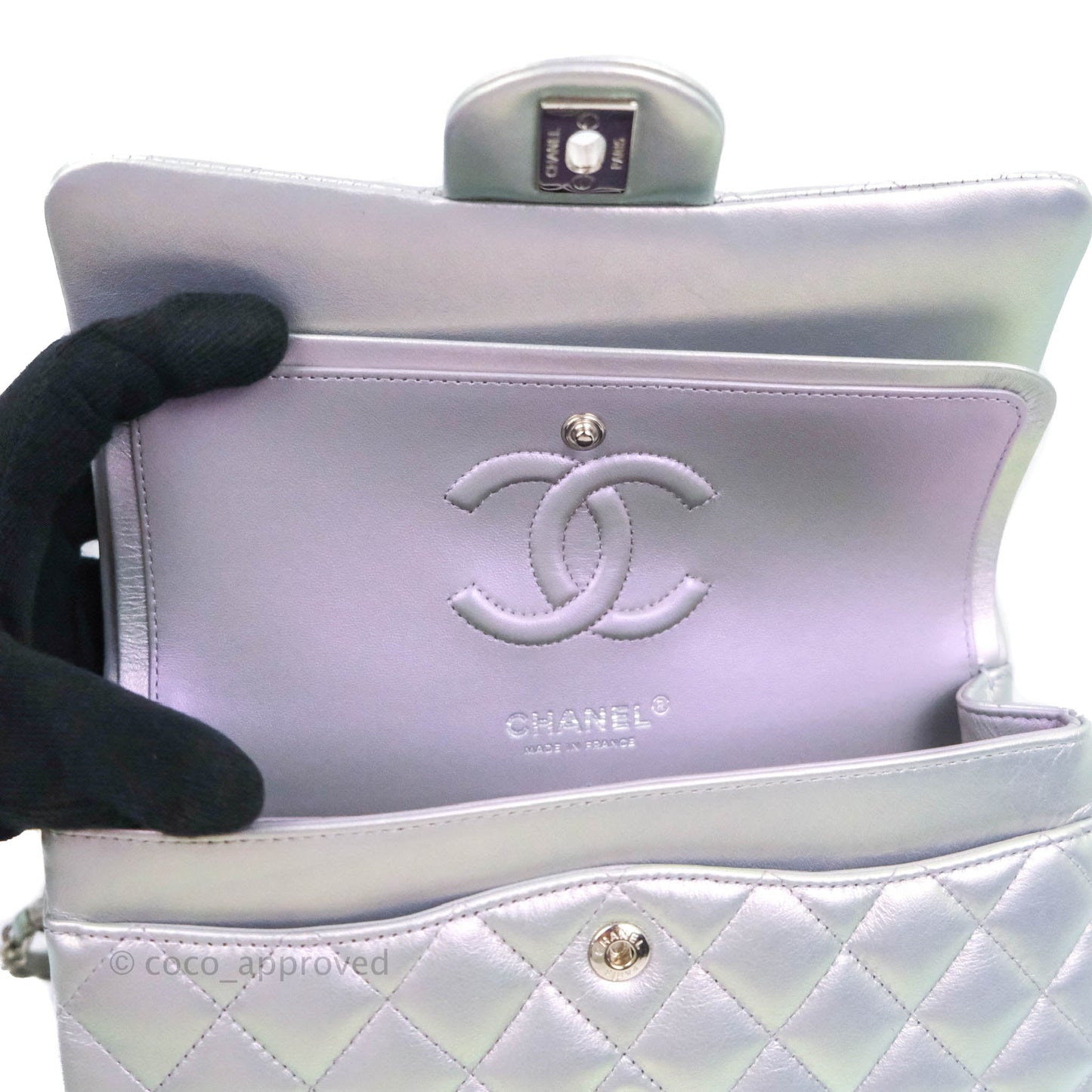 Chanel Small Classic Quilted Flap Metallic Iridescent White Lilac Silver Hardware