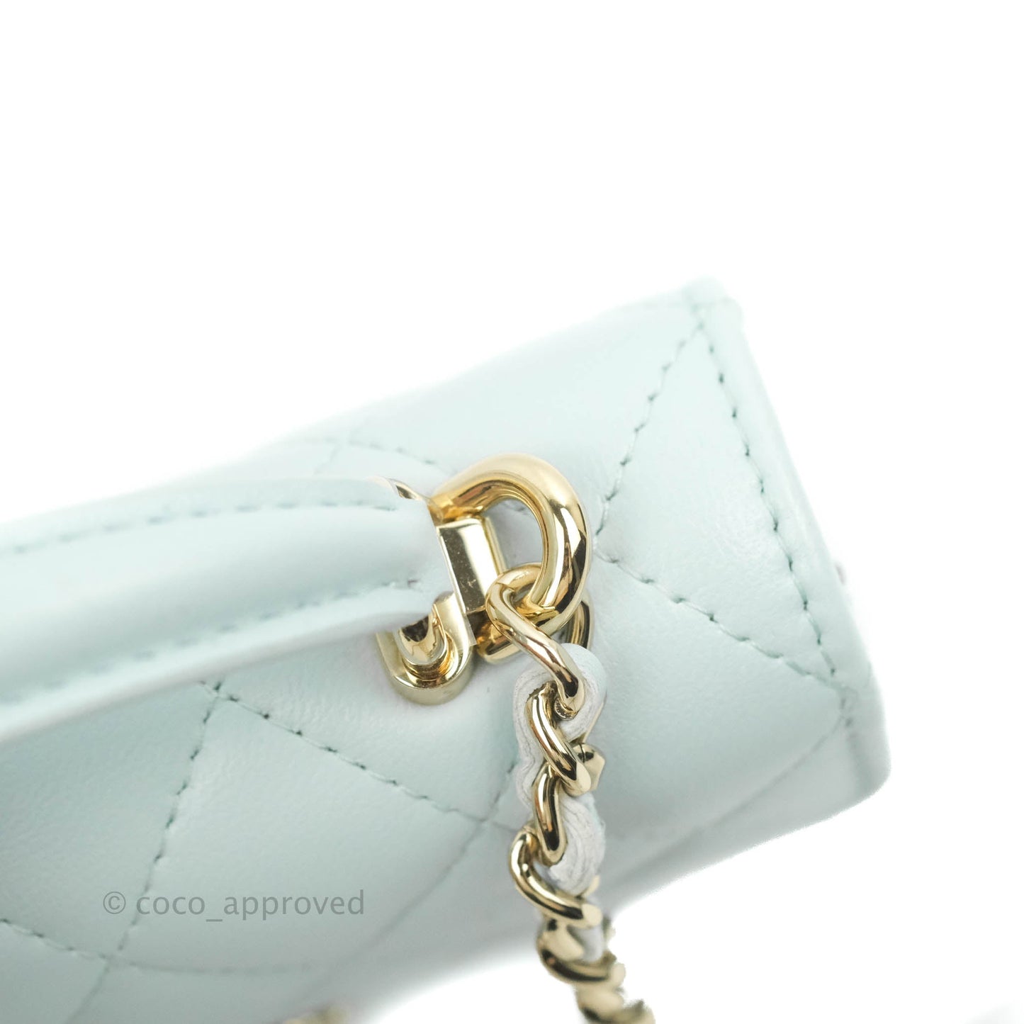Chanel Mini Handle Flap Coin Purse With Chain Light Blue Lambskin Gold Hardware