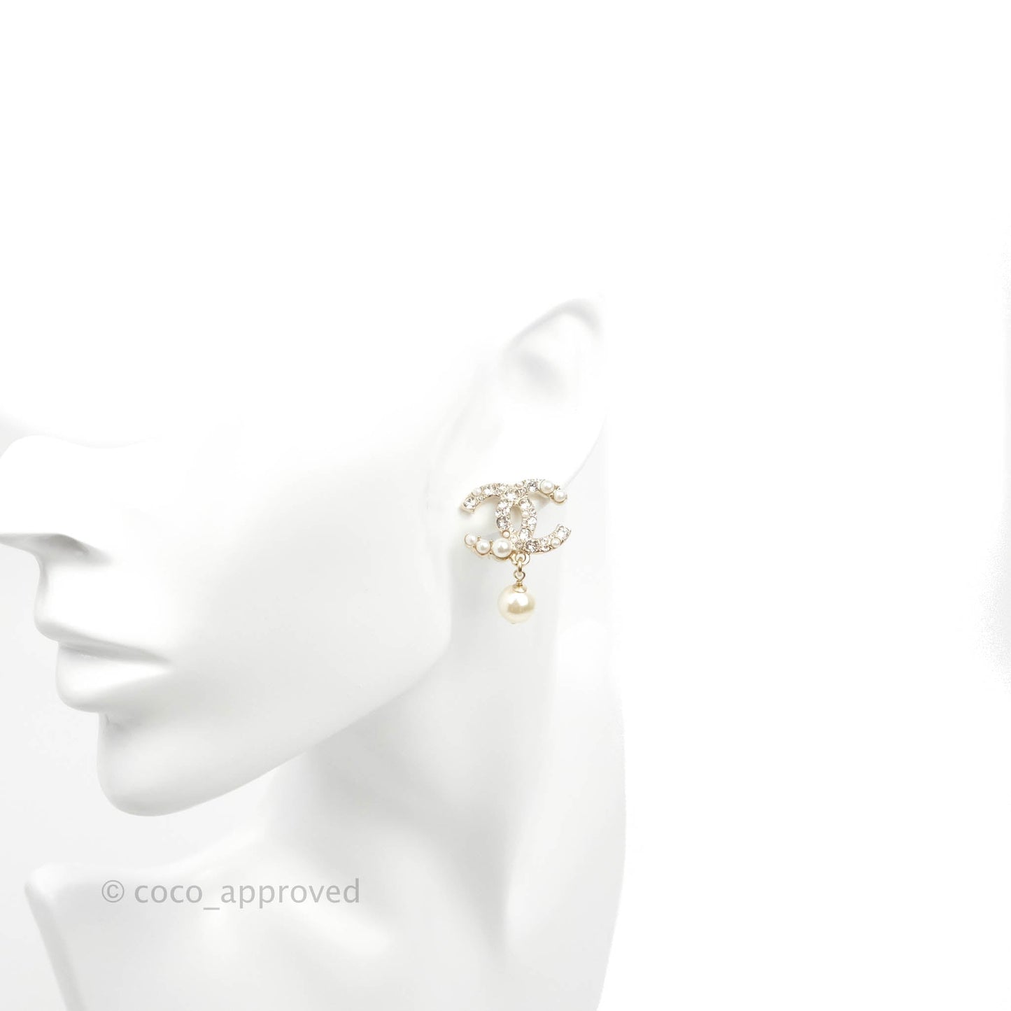 Chanel CC Rhinestone Pearl Drop Earrings Gold Tone 21V