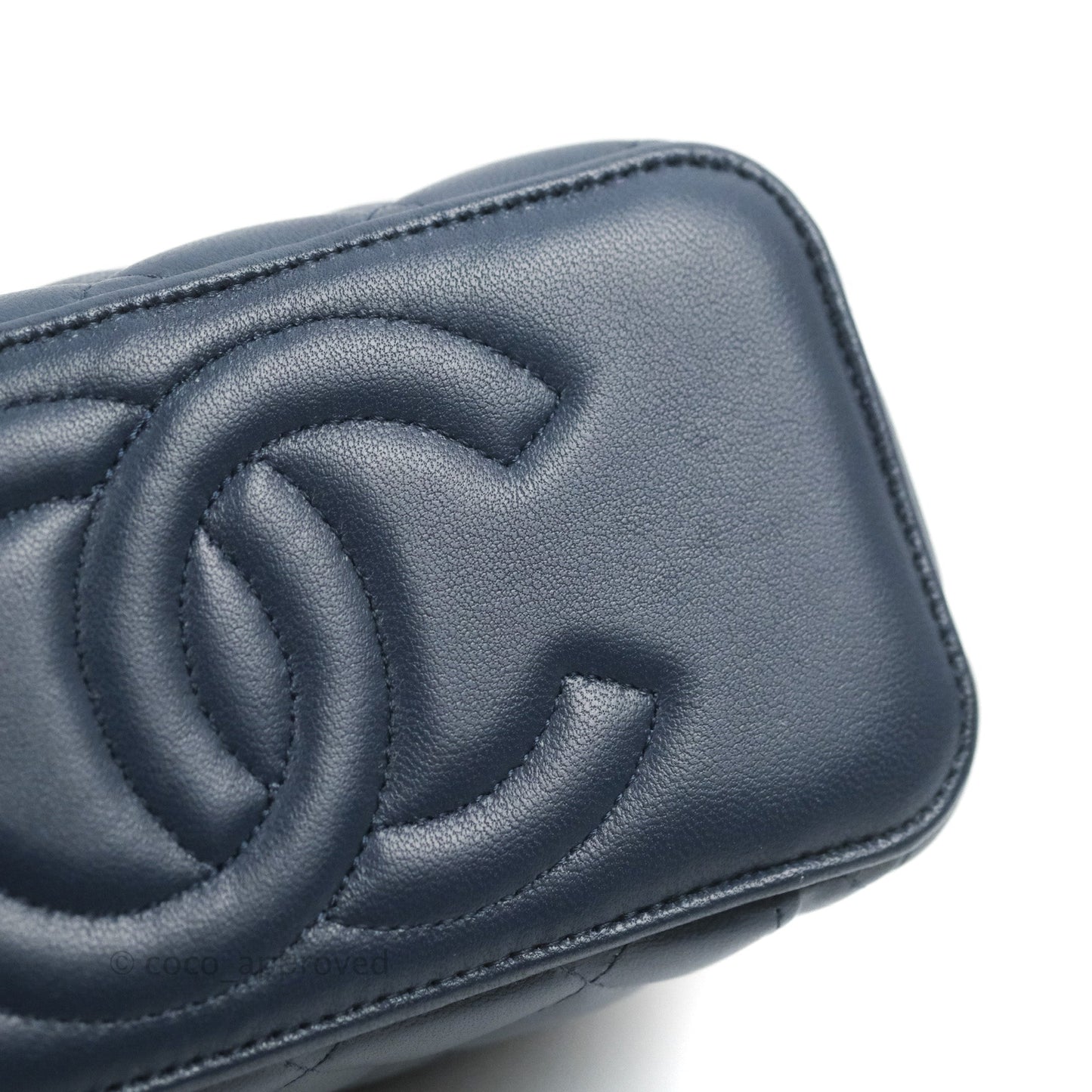 Chanel Vanity Rectangular Metal Top Handle Navy Lambskin Aged Gold Hardware 22B
