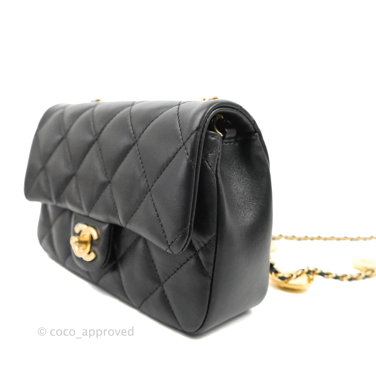 Chanel Mini Flap Bag With Heart CC Charm Black Lambskin Aged Gold Hardware
