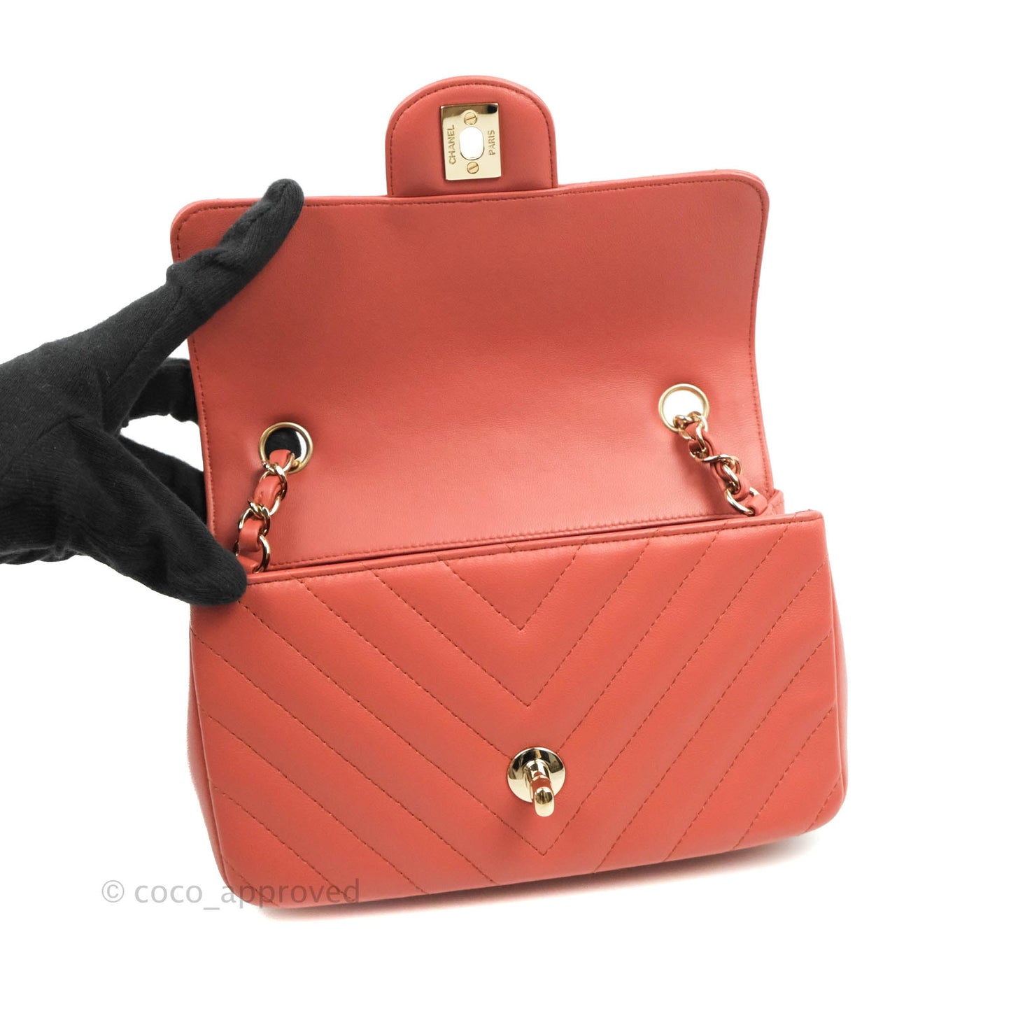 Chanel Chevron Mini Rectangular Flap Brick Red Lambskin Aged Gold Hardware