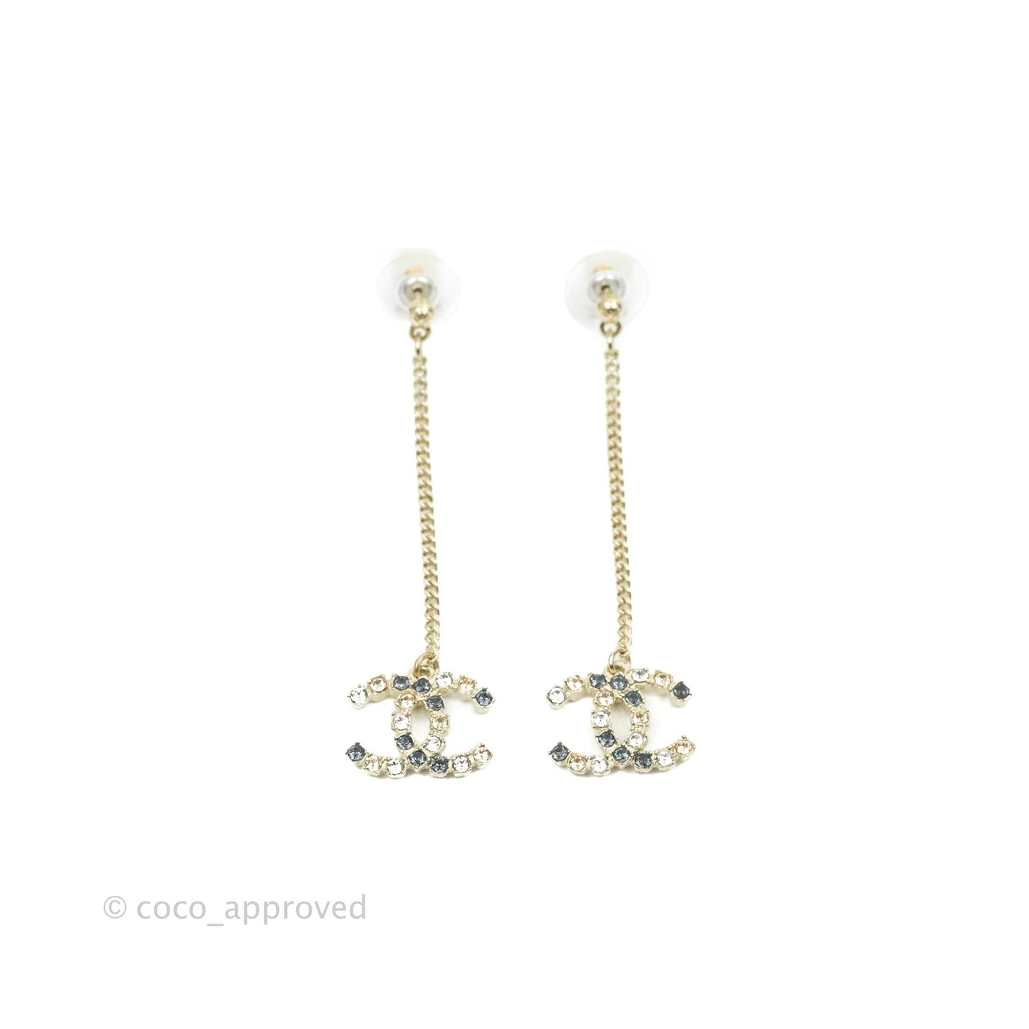 Chanel Crystal CC Long Drop Earrings Gold Tone 21V