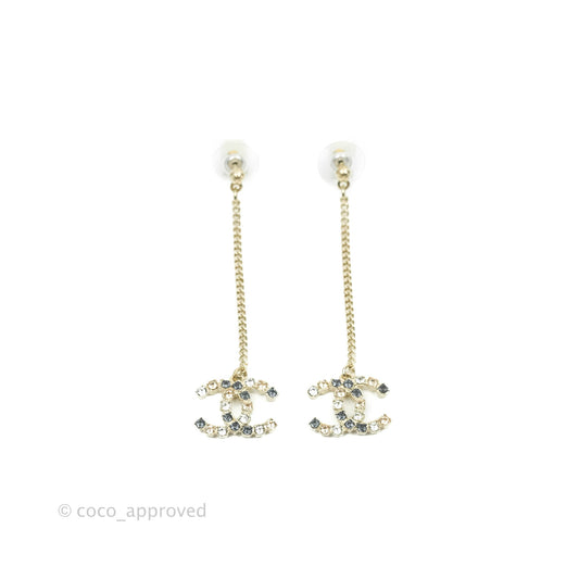 Chanel Crystal CC Long Drop Earrings Gold Tone 21V