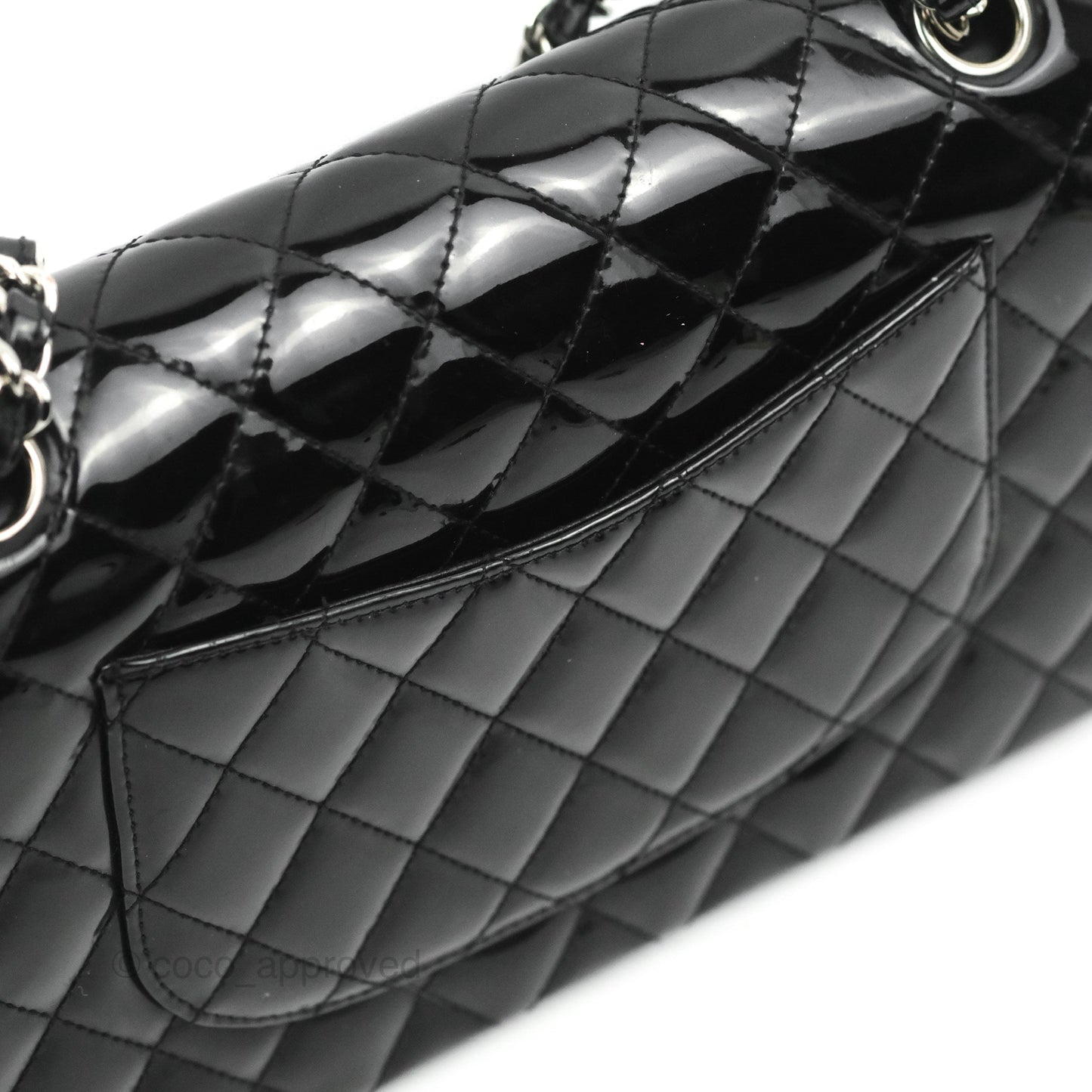 Chanel Classic M/L Medium Flap Quilted Black Patent Silver Hardware