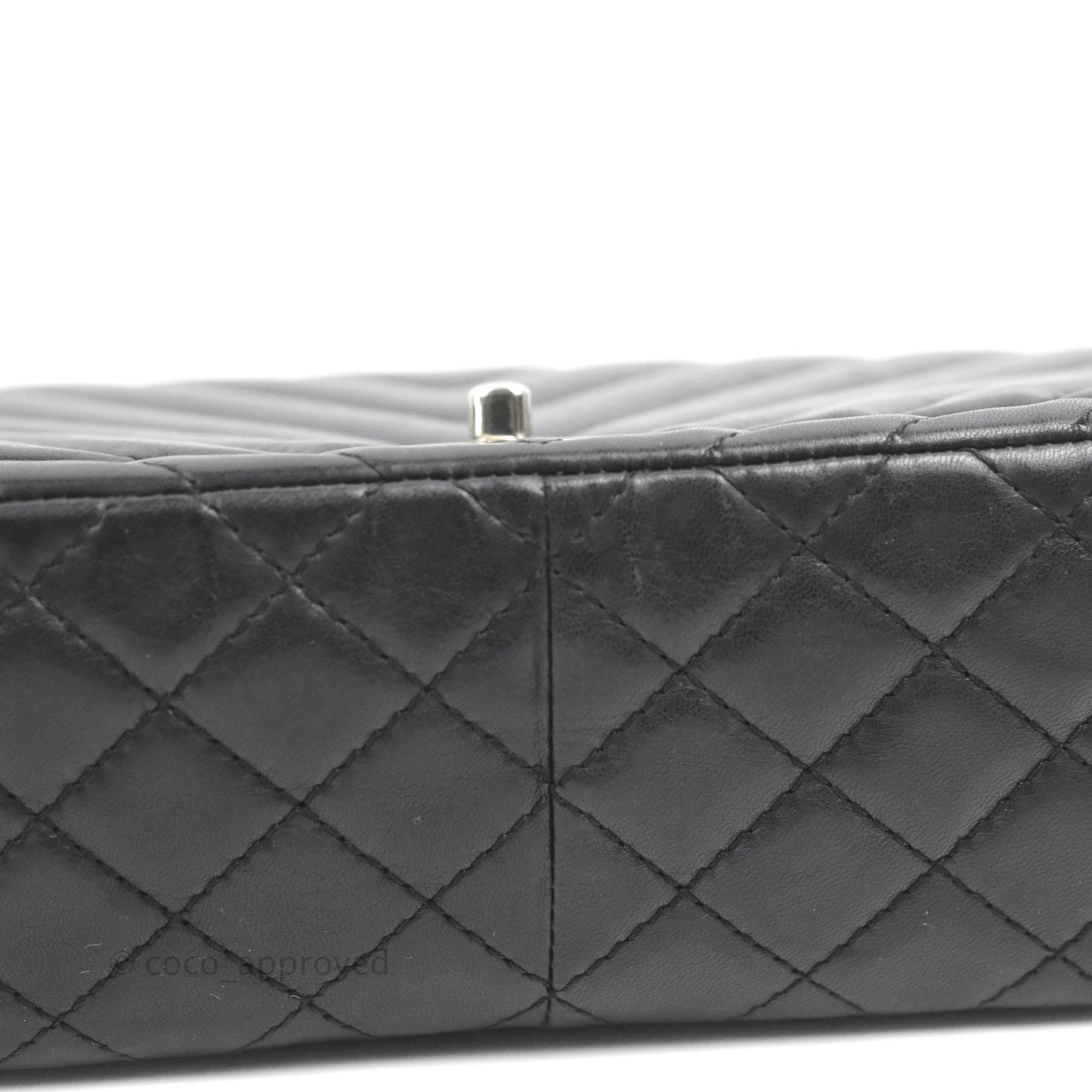 Chanel Quilted Large Single Flap Chevron Black Lambskin Silver Hardware