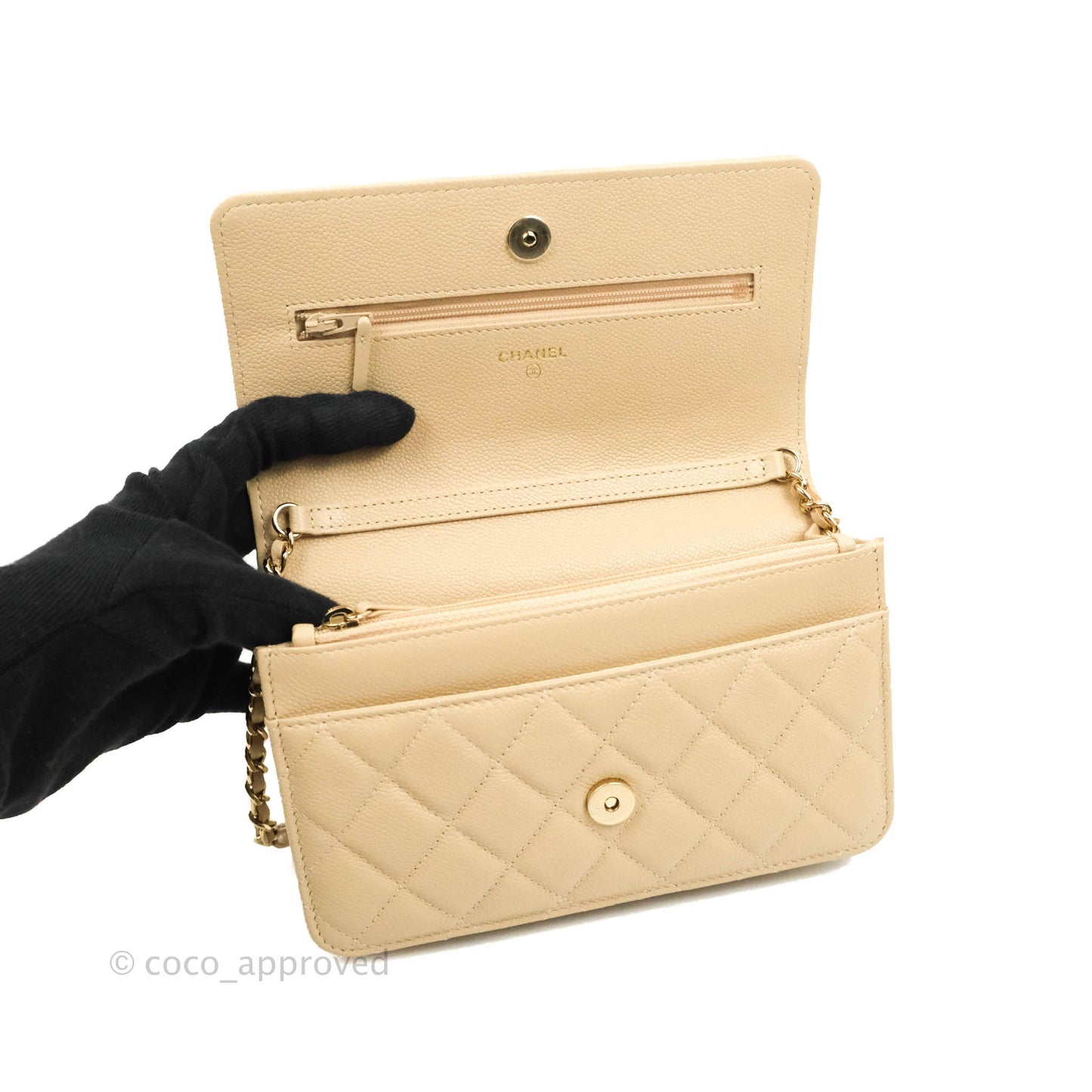 Chanel Quilted Wallet on CC Chain WOC Beige Caviar Gold Hardware